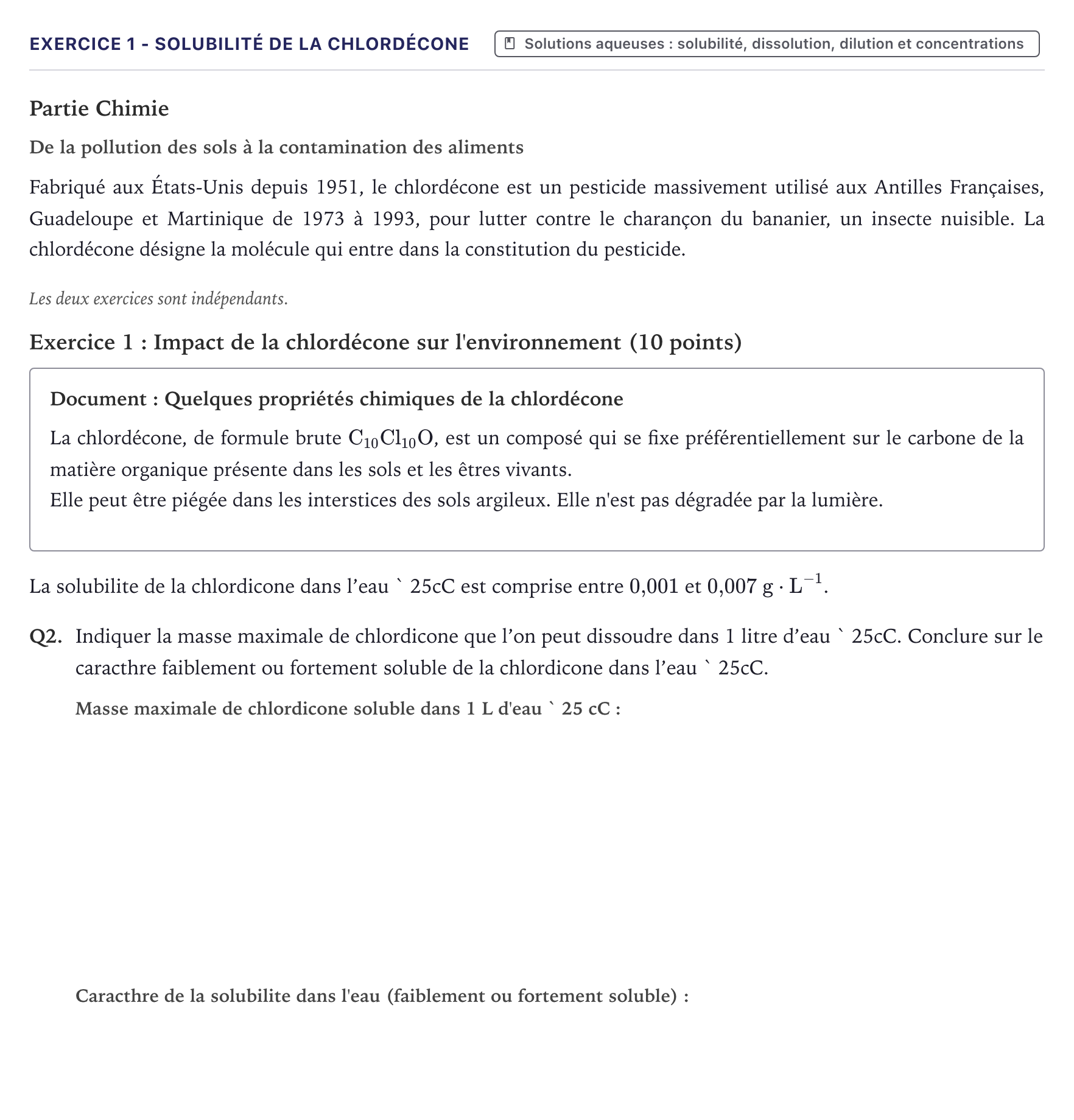 Énoncé: Exercice 1 - Solubilité de la chlordécone · Bac ST2S Chimie, Biologie et Physiopathologie Humaines Métropole 2026