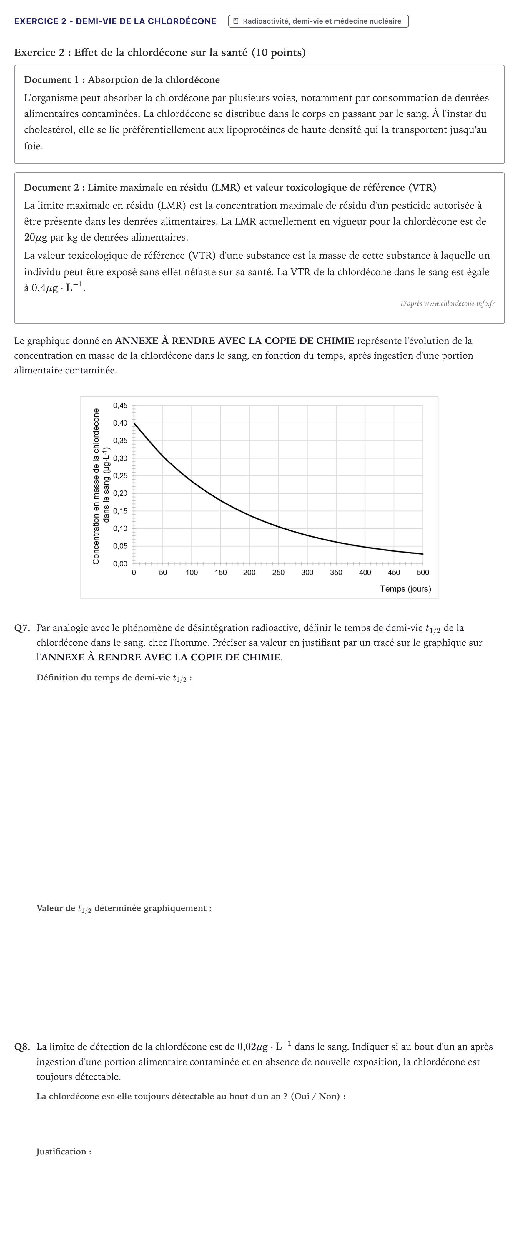 Énoncé: Exercice 2 - Demi-vie de la chlordécone · Bac ST2S Chimie, Biologie et Physiopathologie Humaines Métropole 2026