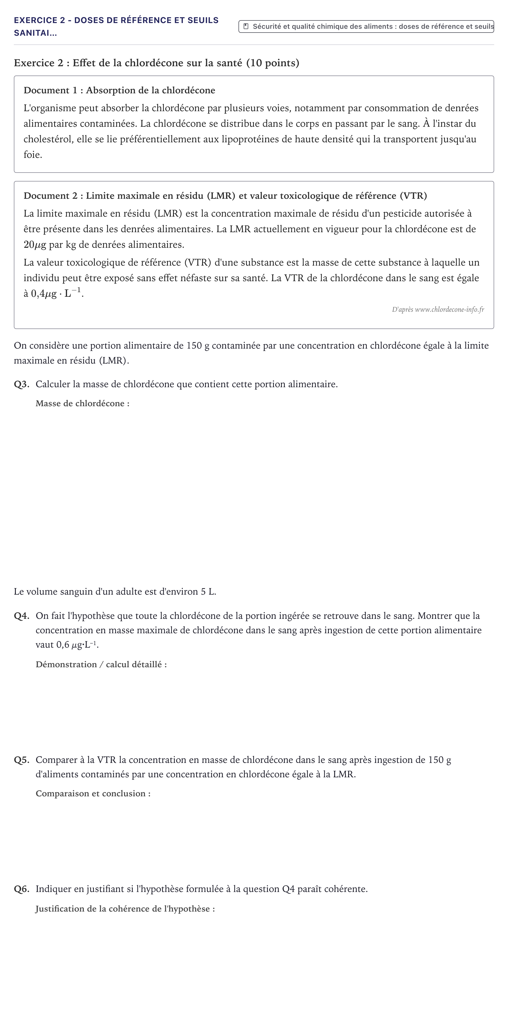 Énoncé: Exercice 2 - Doses de référence et seuils sanitai… · Bac ST2S Chimie, Biologie et Physiopathologie Humaines Métropole 2026