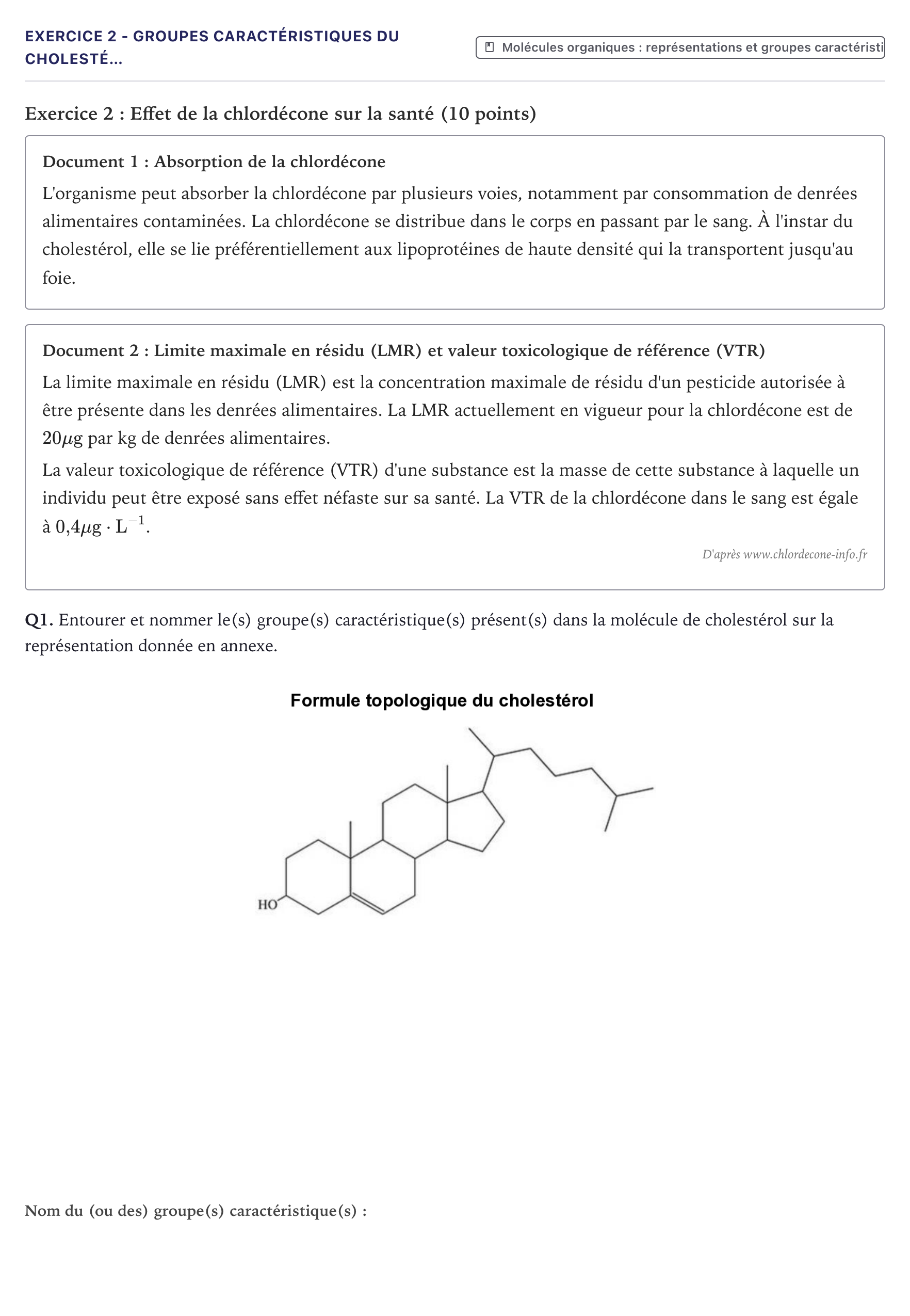 Énoncé: Exercice 2 - Groupes caractéristiques du cholesté… · Bac ST2S Chimie, Biologie et Physiopathologie Humaines Métropole 2026