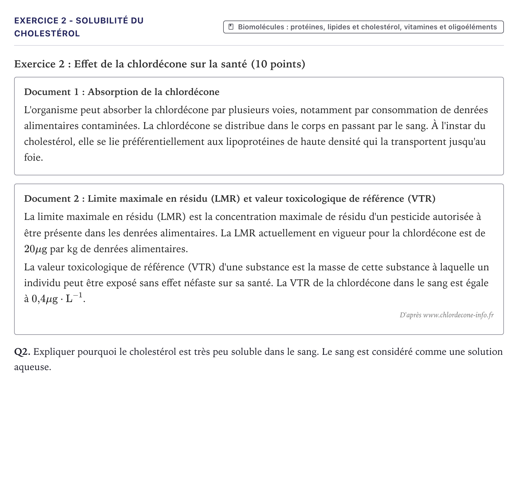 Énoncé: Exercice 2 - Solubilité du cholestérol · Bac ST2S Chimie, Biologie et Physiopathologie Humaines Métropole 2026