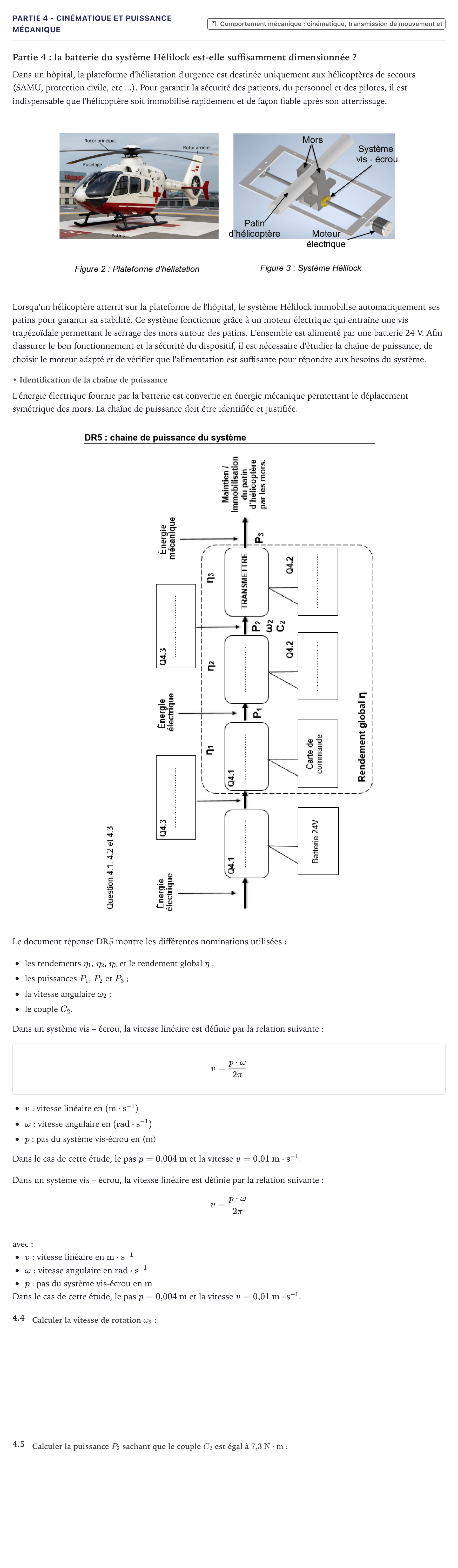 Énoncé: Partie 4 - Cinématique et puissance mécanique · Bac STI2D Ingénierie, Innovation et Développement Durable Métropole - AC 2026