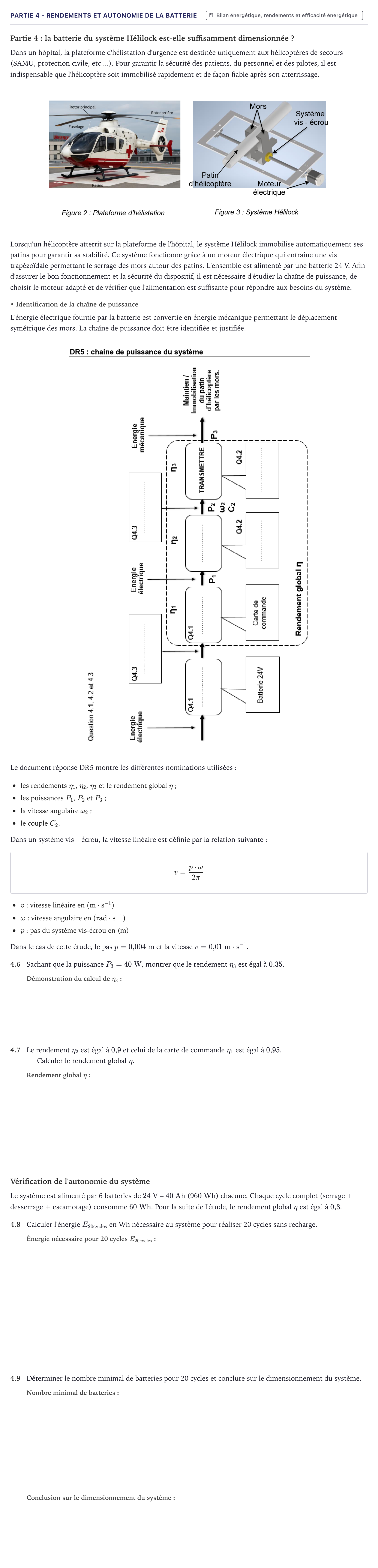 Énoncé: Partie 4 - Rendements et autonomie de la batterie · Bac STI2D Ingénierie, Innovation et Développement Durable Métropole - AC 2026