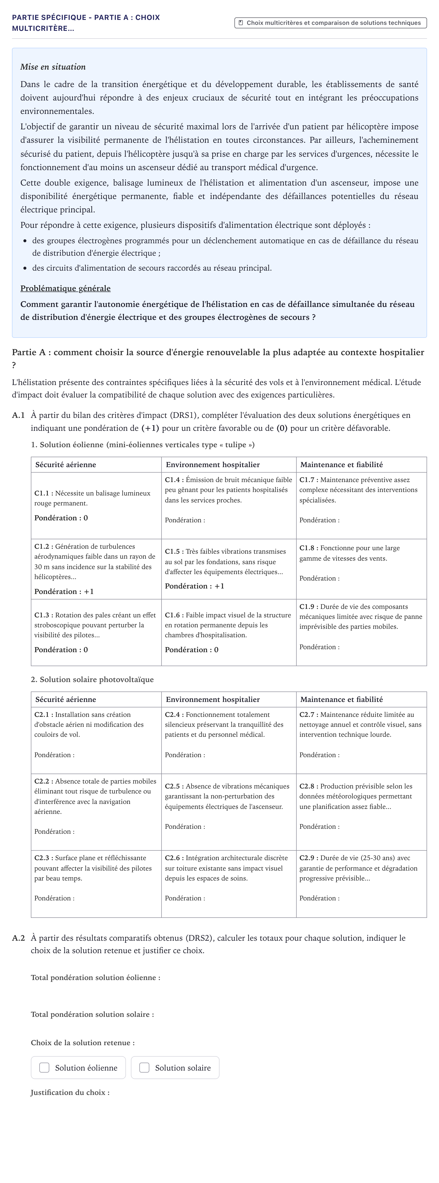 Énoncé: Partie Spécifique - Partie A : Choix multicritère… · Bac STI2D Ingénierie, Innovation et Développement Durable Métropole - EE 2026