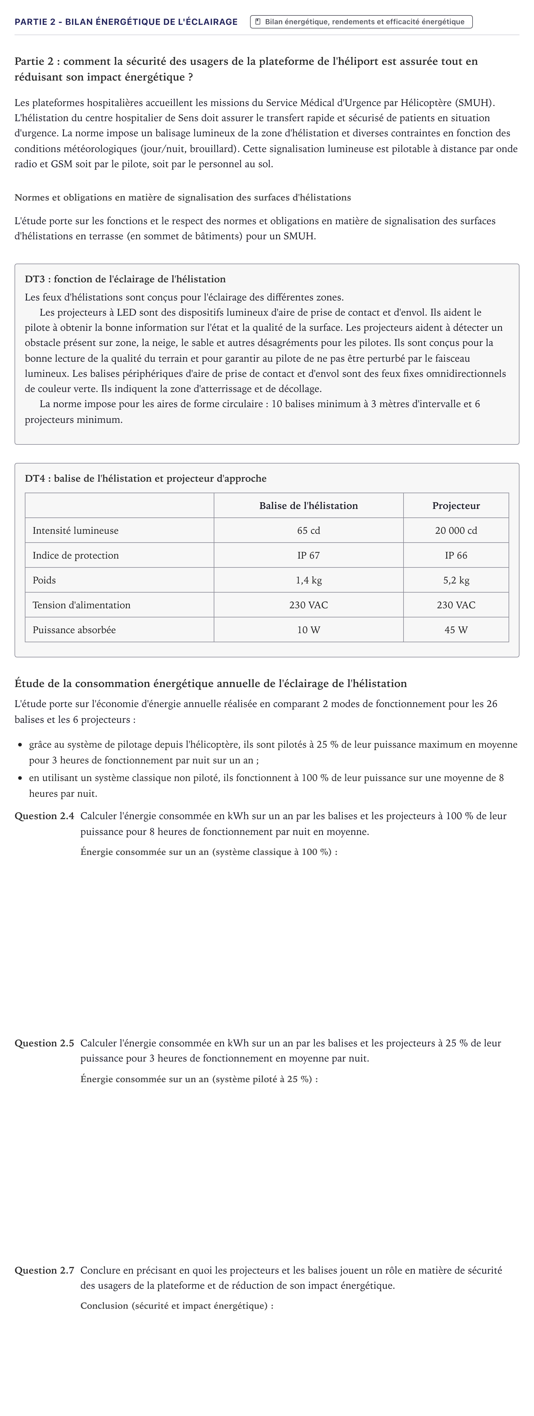 Énoncé: Partie 2 - Bilan énergétique de l'éclairage · Bac STI2D Ingénierie, Innovation et Développement Durable Métropole - ITEC 2026