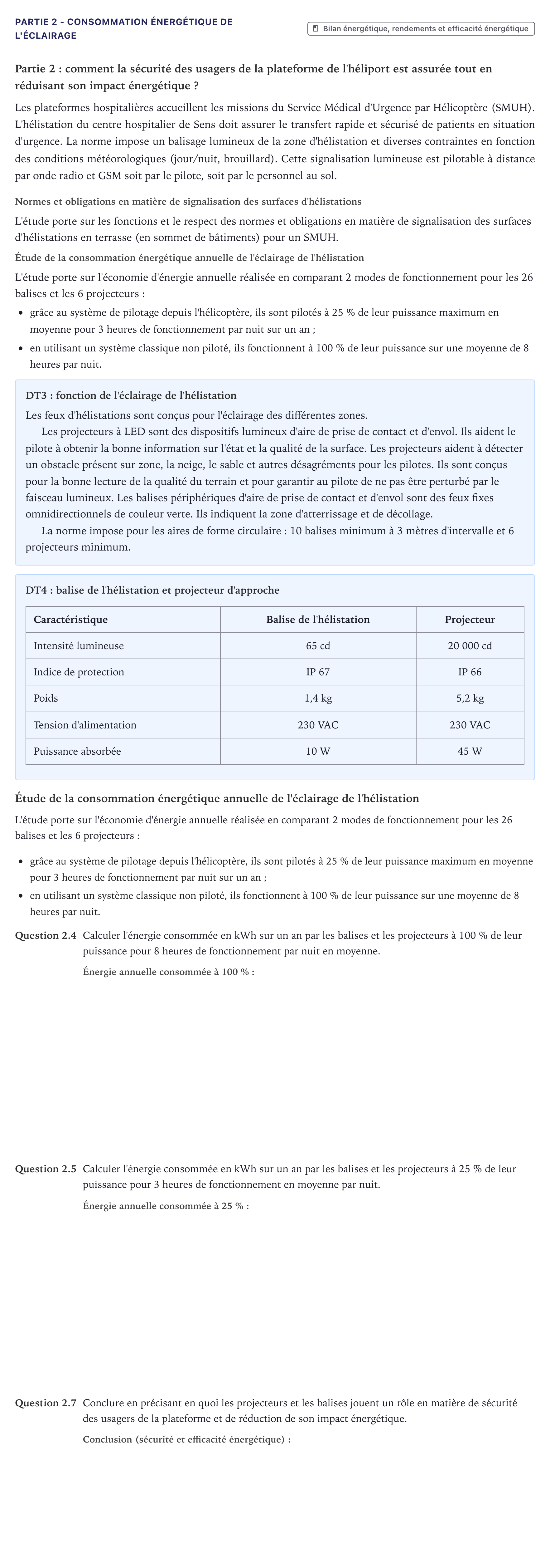 Énoncé: Partie 2 - Consommation énergétique de l'éclairage · Bac STI2D Ingénierie, Innovation et Développement Durable Métropole - SIN 2026