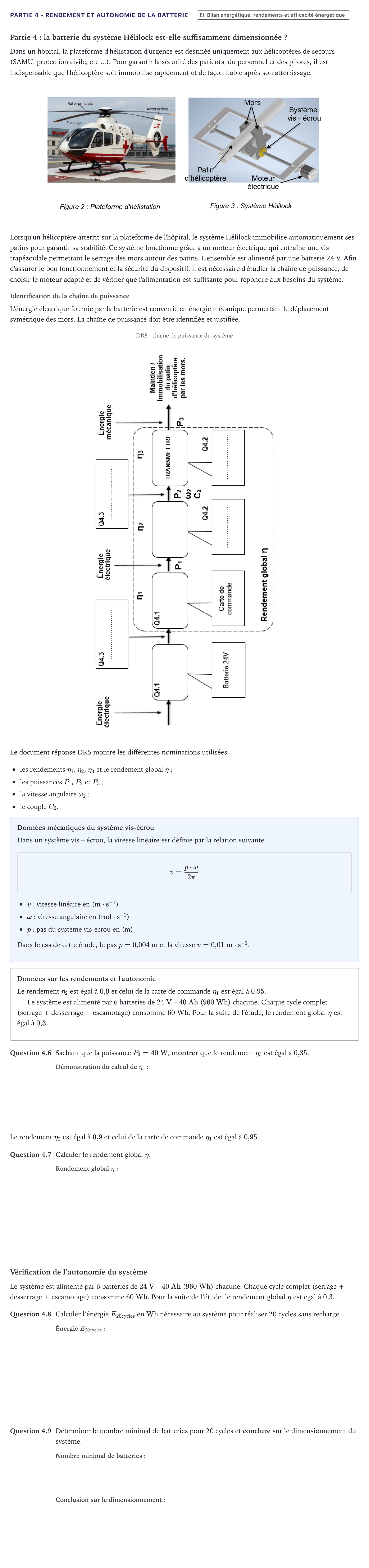 Énoncé: Partie 4 - Rendement et autonomie de la batterie · Bac STI2D Ingénierie, Innovation et Développement Durable Métropole - SIN 2026
