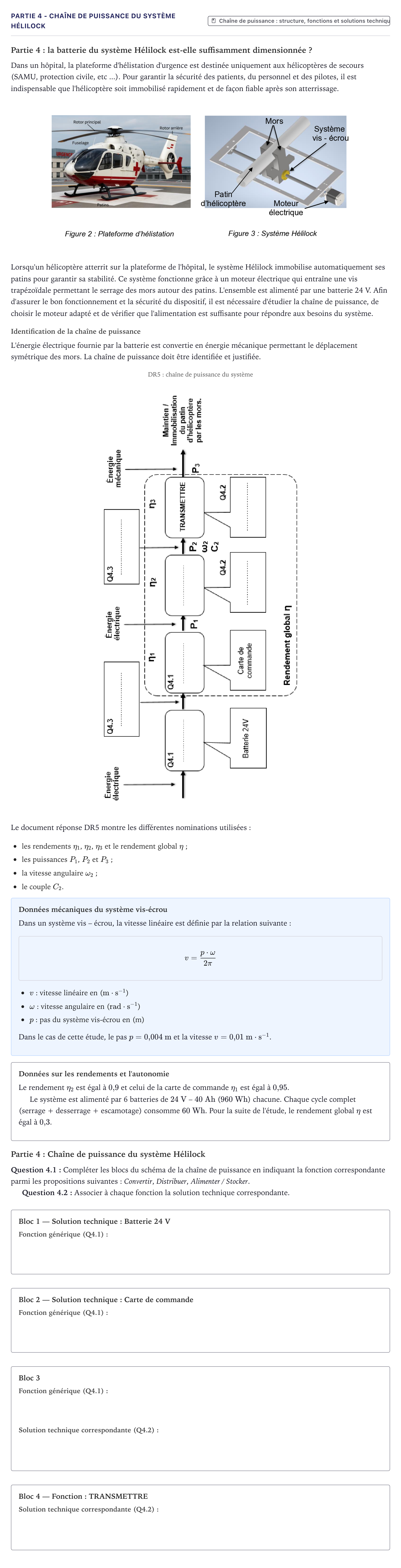 Énoncé: Partie 4 - Chaîne de puissance du système Hélilock · Bac STI2D Ingénierie, Innovation et Développement Durable Métropole - SIN 2026
