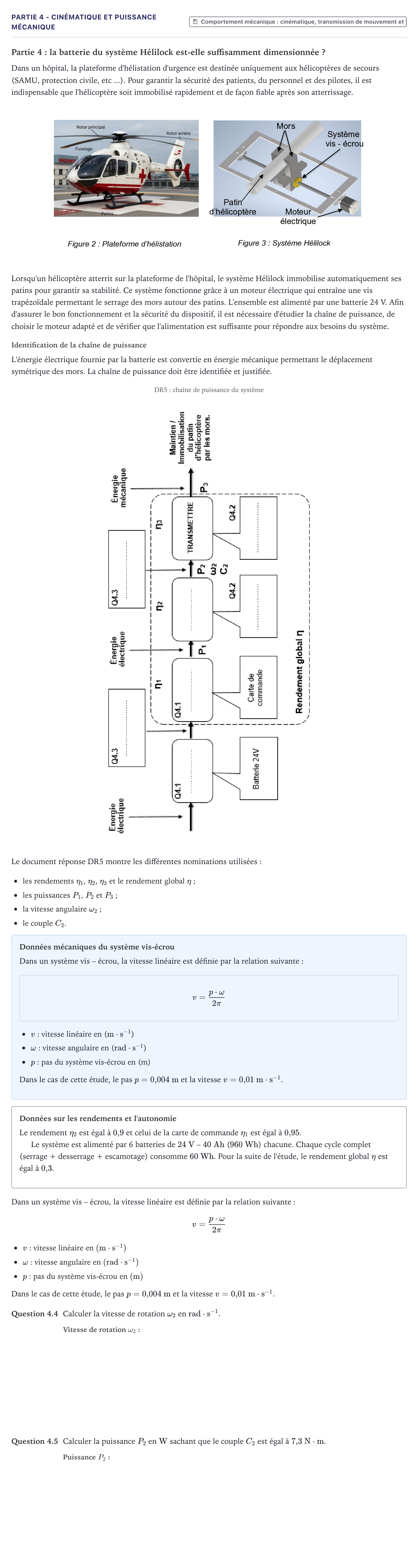 Énoncé: Partie 4 - Cinématique et puissance mécanique · Bac STI2D Ingénierie, Innovation et Développement Durable Métropole - SIN 2026