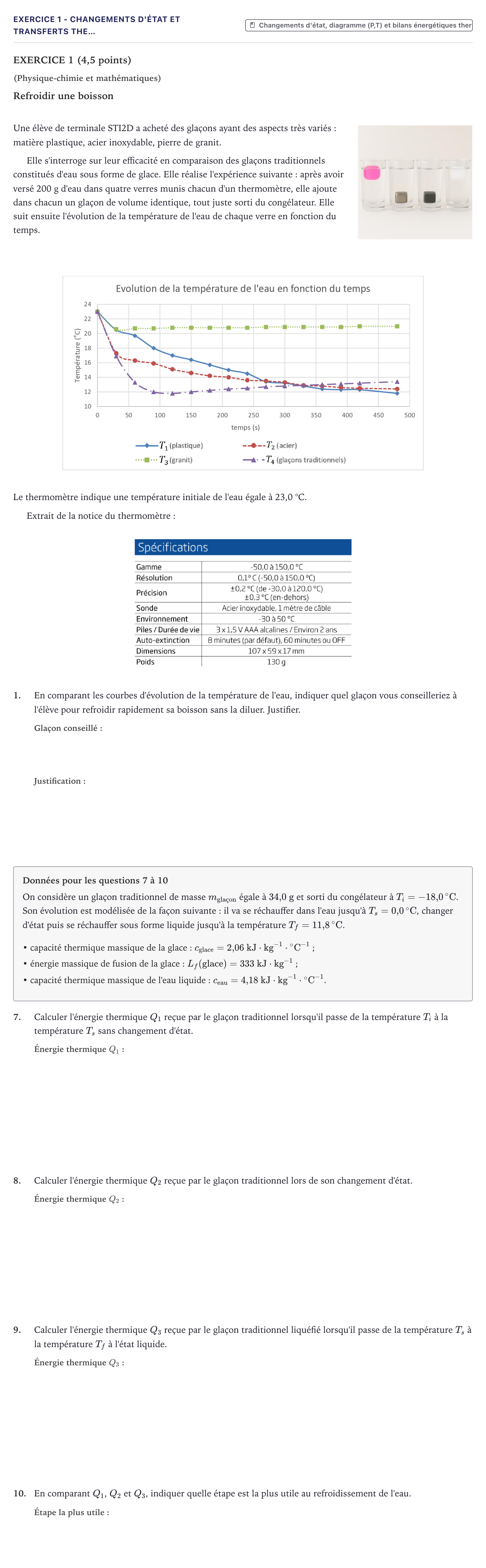 Énoncé: Exercice 1 - Changements d'état et transferts the… · Bac STI2D Physique-Chimie et Mathématiques Métropole 2026