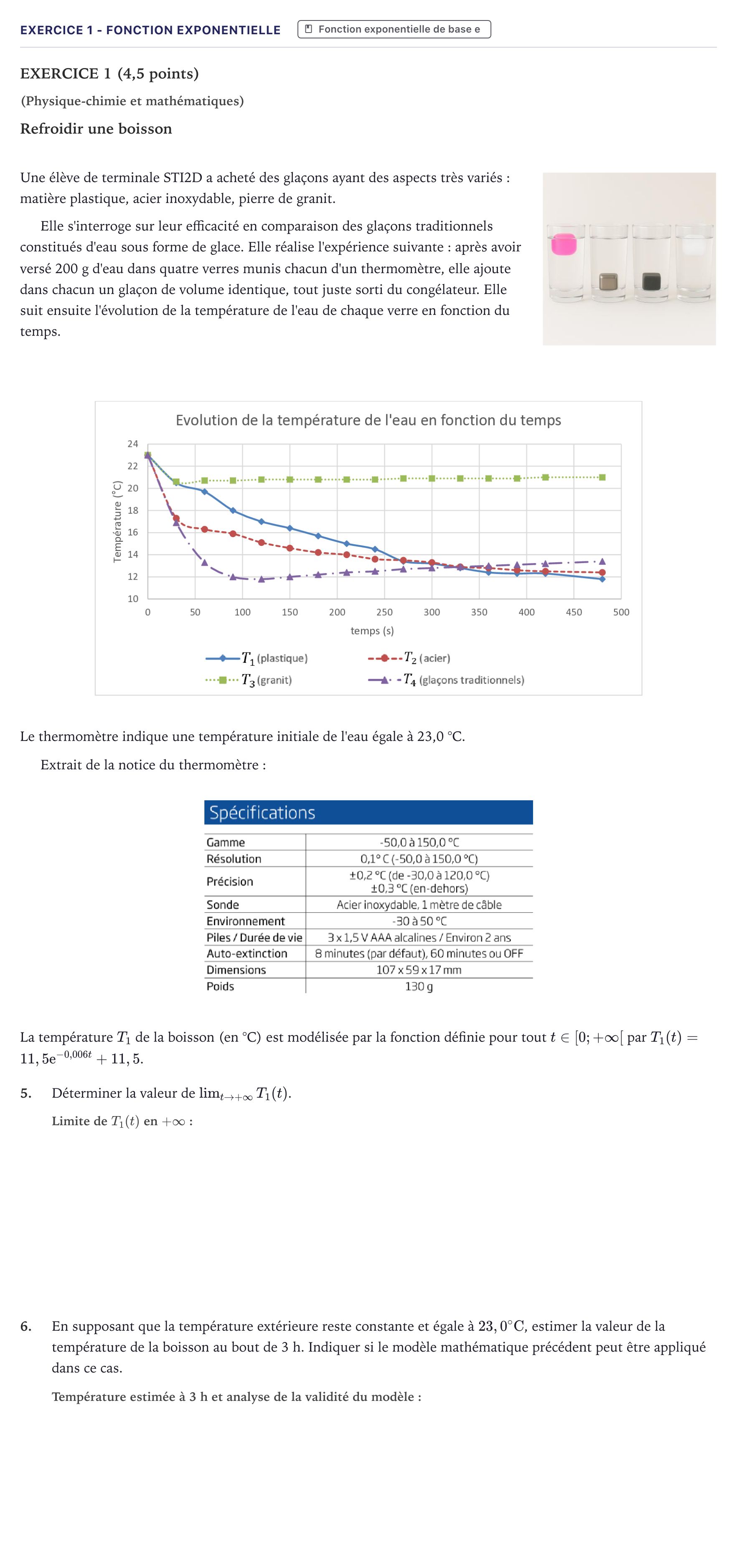 Énoncé: Exercice 1 - Fonction exponentielle · Bac STI2D Physique-Chimie et Mathématiques Métropole 2026