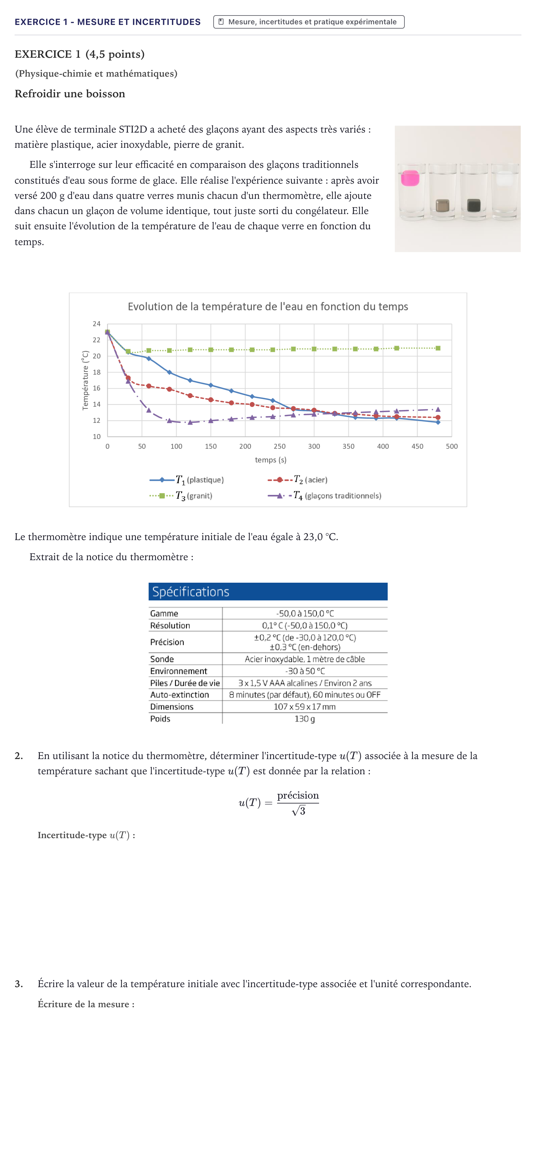 Énoncé: Exercice 1 - Mesure et incertitudes · Bac STI2D Physique-Chimie et Mathématiques Métropole 2026