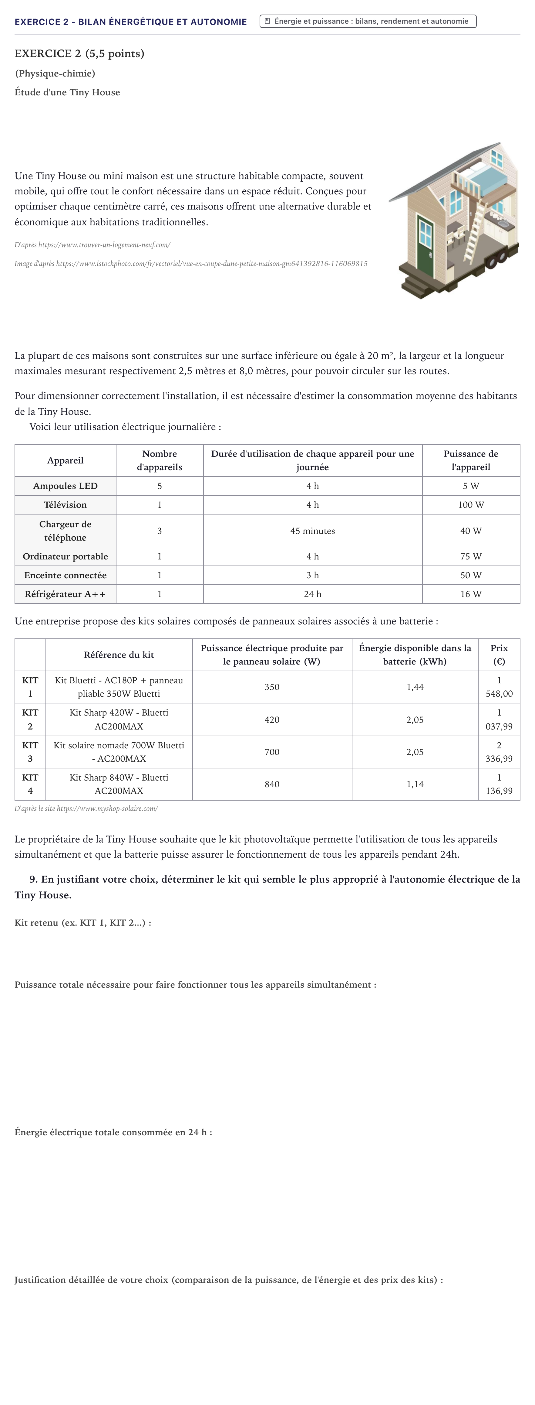 Énoncé: Exercice 2 - Bilan énergétique et autonomie · Bac STI2D Physique-Chimie et Mathématiques Métropole 2026