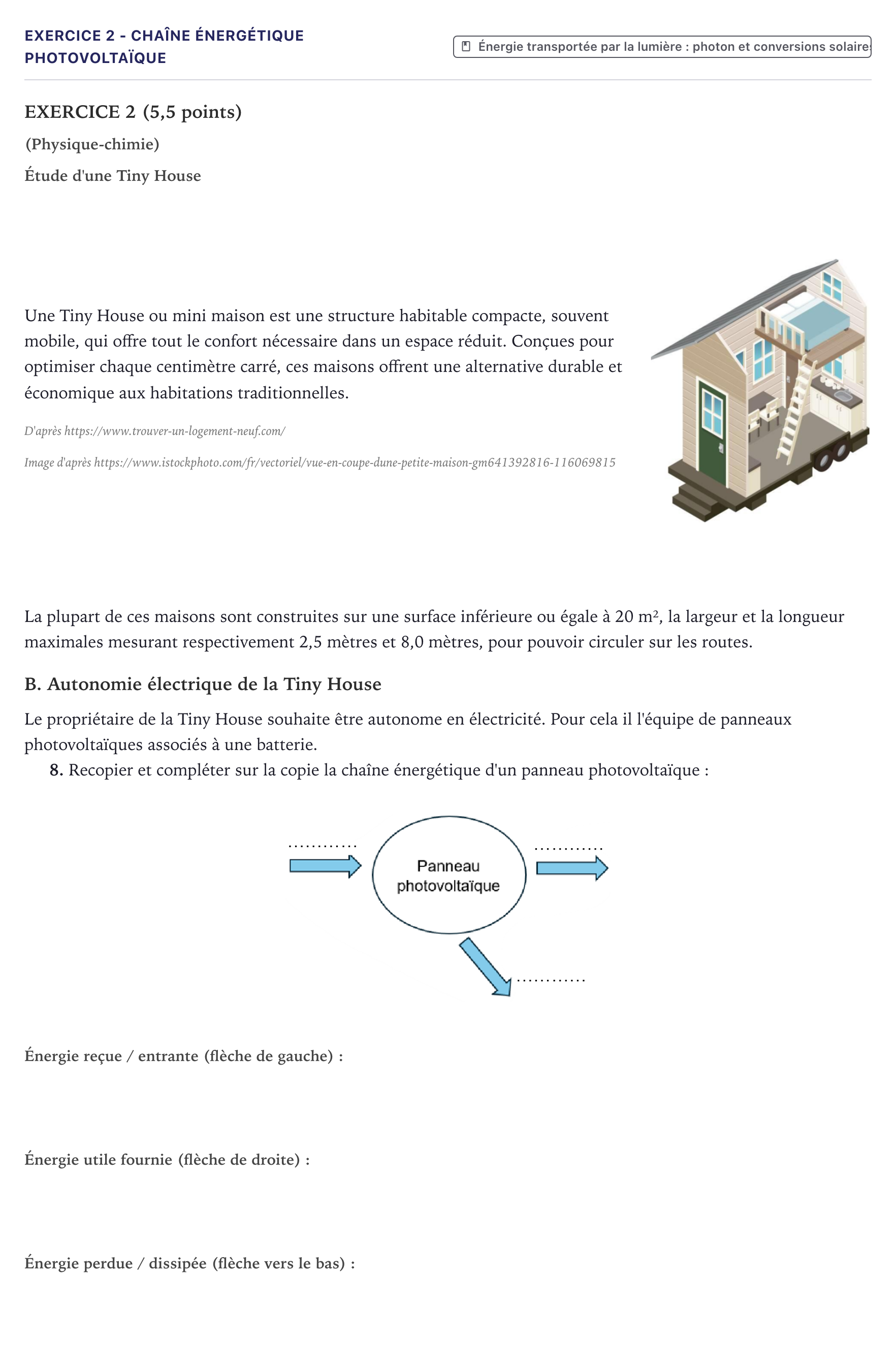Énoncé: Exercice 2 - Chaîne énergétique photovoltaïque · Bac STI2D Physique-Chimie et Mathématiques Métropole 2026
