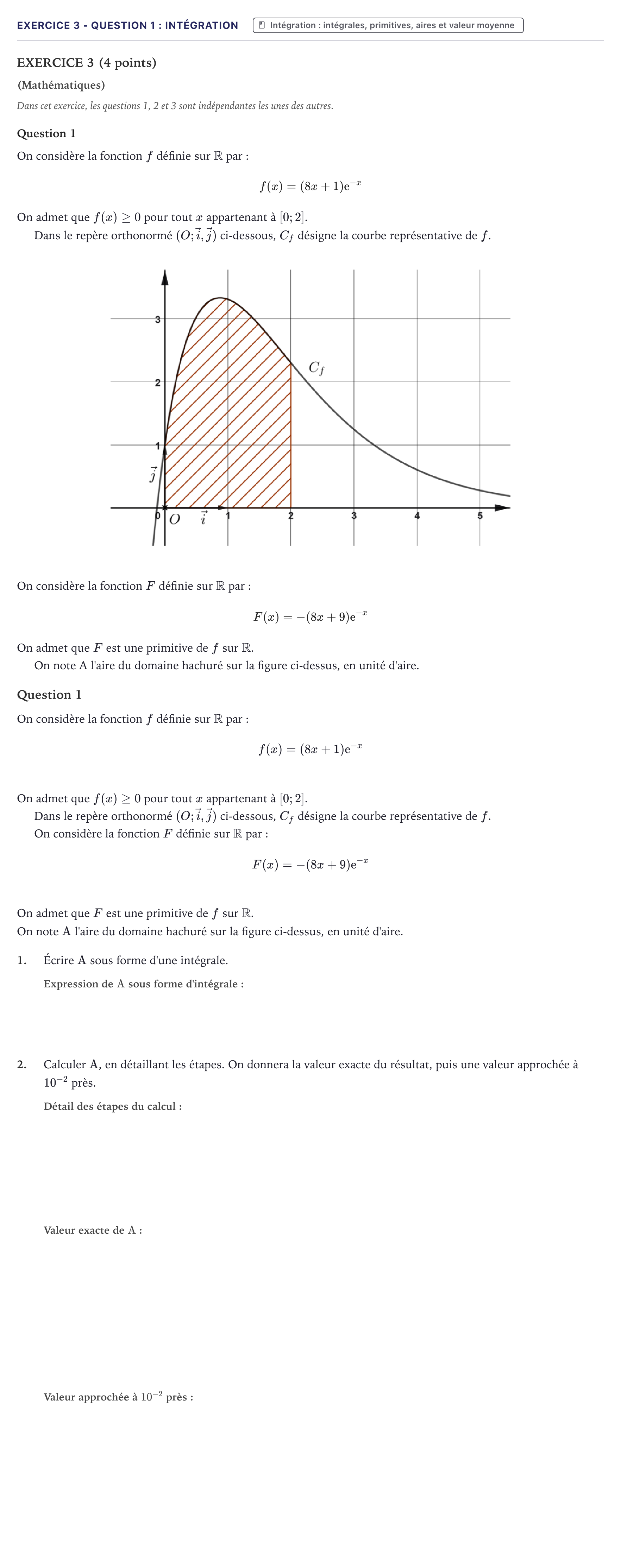 Énoncé: Exercice 3 - Question 1 : Intégration · Bac STI2D Physique-Chimie et Mathématiques Métropole 2026