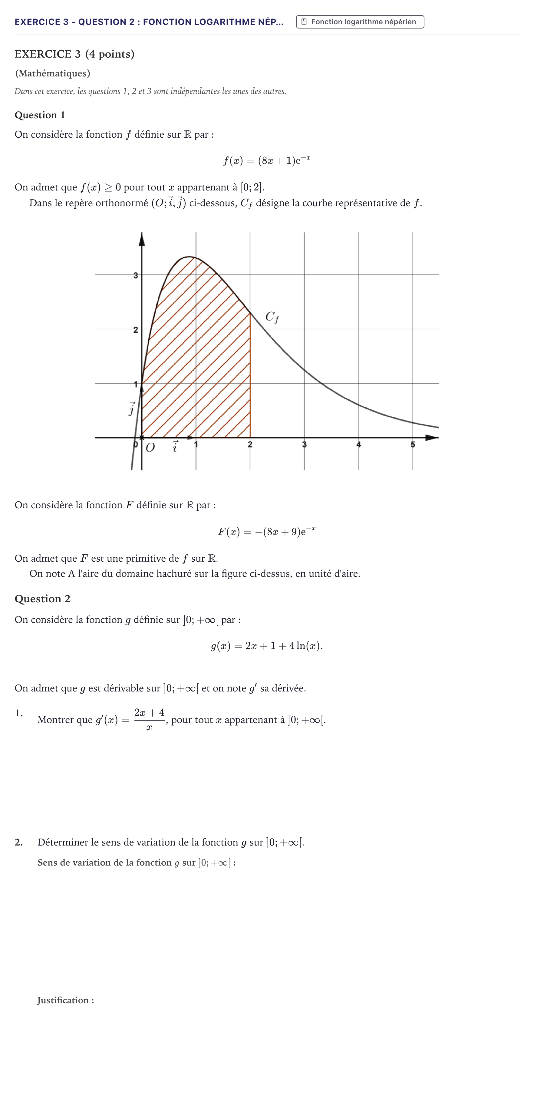 Énoncé: Exercice 3 - Question 2 : Fonction logarithme nép… · Bac STI2D Physique-Chimie et Mathématiques Métropole 2026