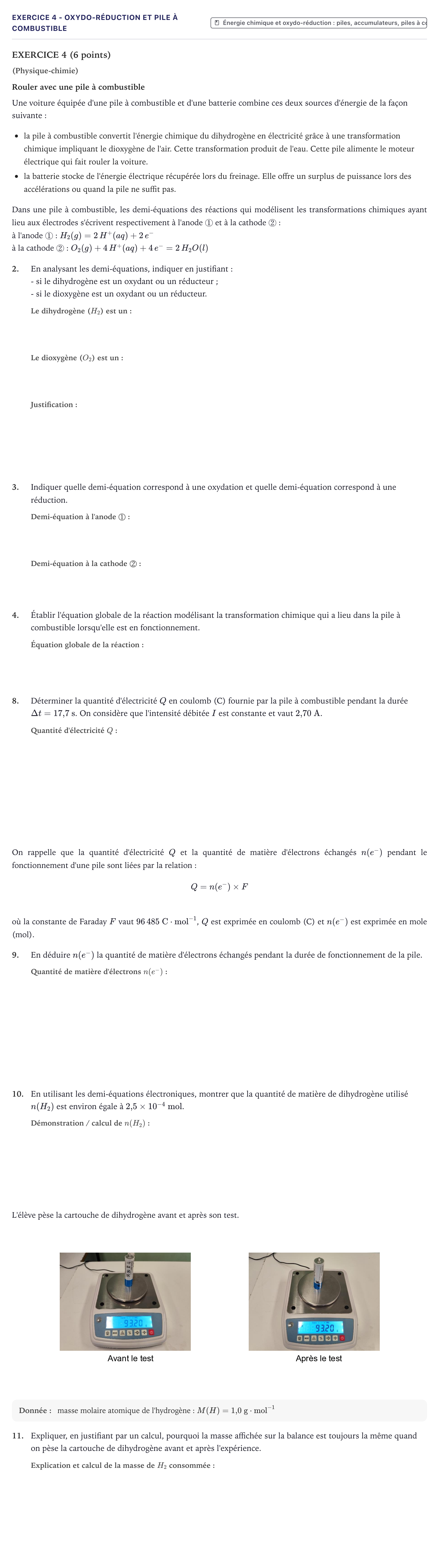 Énoncé: Exercice 4 - Oxydo-réduction et pile à combustible · Bac STI2D Physique-Chimie et Mathématiques Métropole 2026