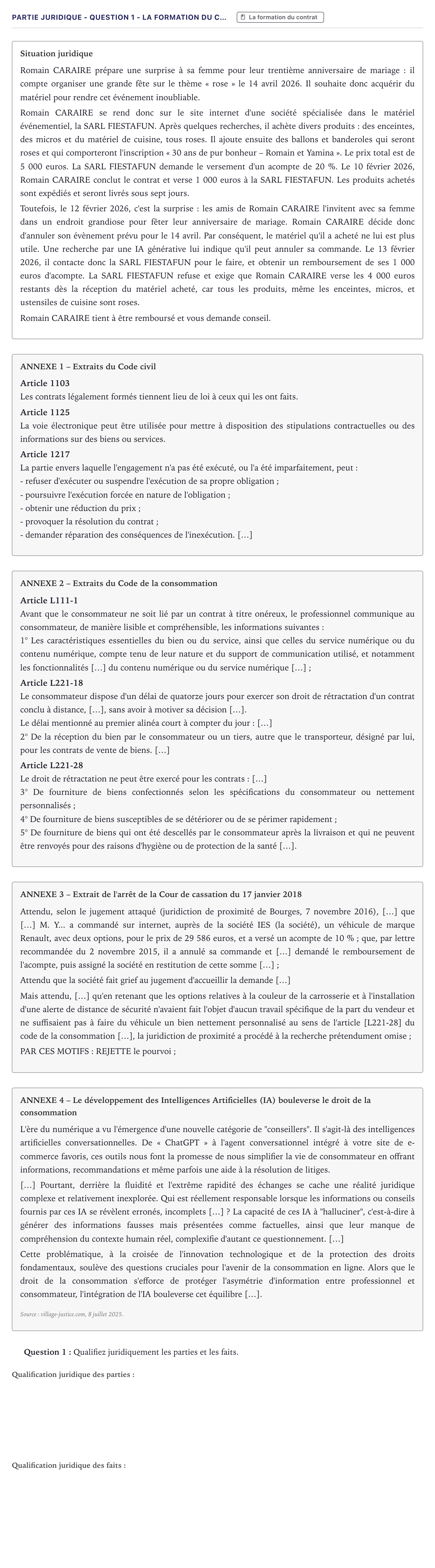 Énoncé: Partie juridique - Question 1 - La formation du c… · Bac STMG Droit et Économie Métropole 2026