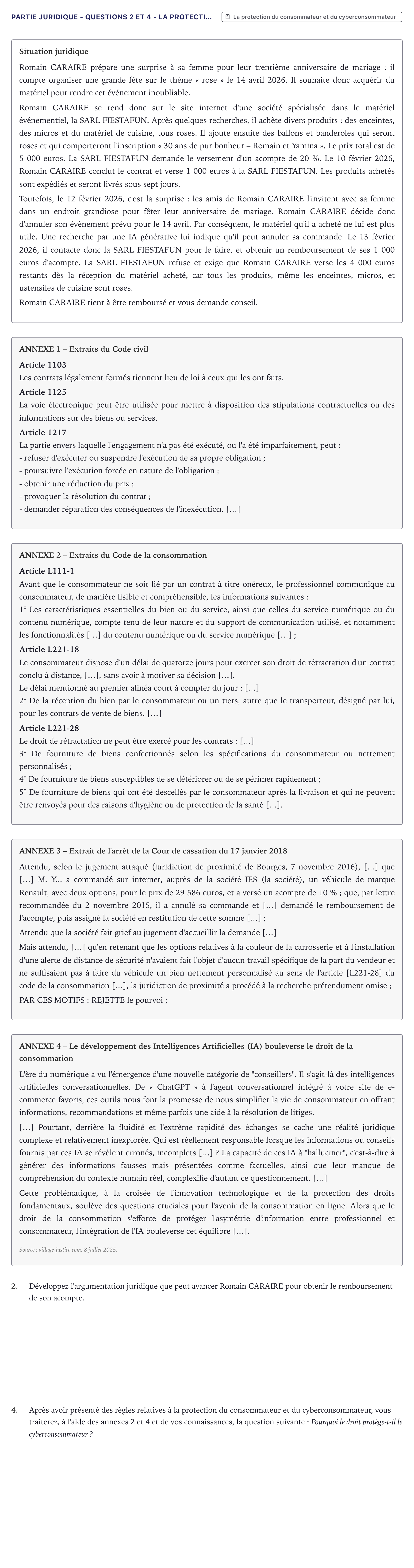 Énoncé: Partie juridique - Questions 2 et 4 - La protecti… · Bac STMG Droit et Économie Métropole 2026
