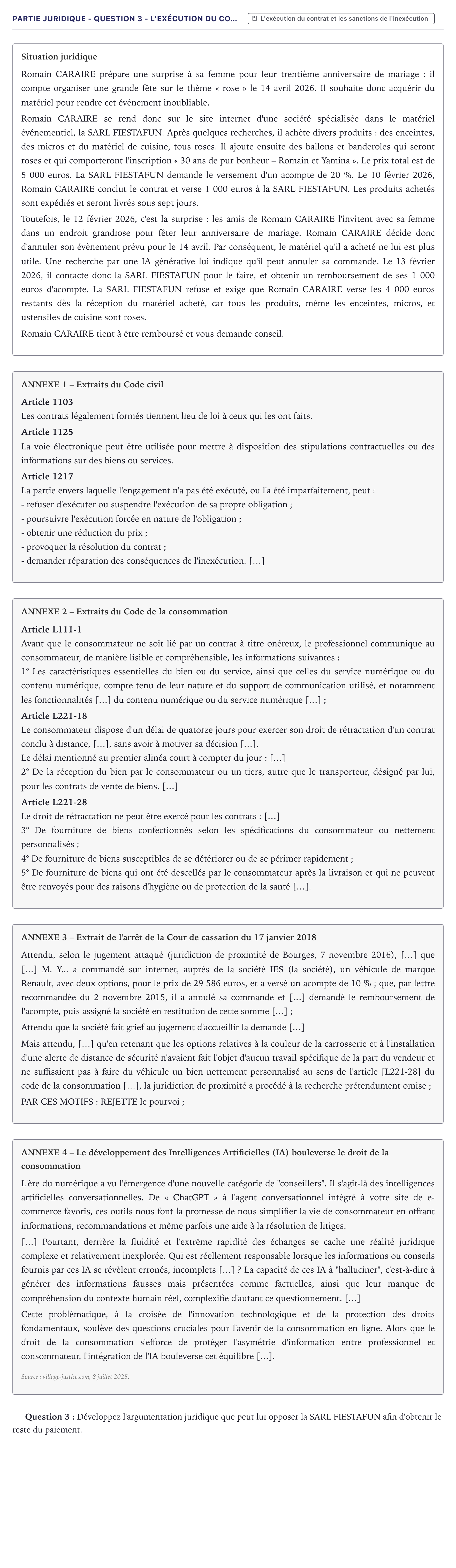 Énoncé: Partie juridique - Question 3 - L'exécution du co… · Bac STMG Droit et Économie Métropole 2026