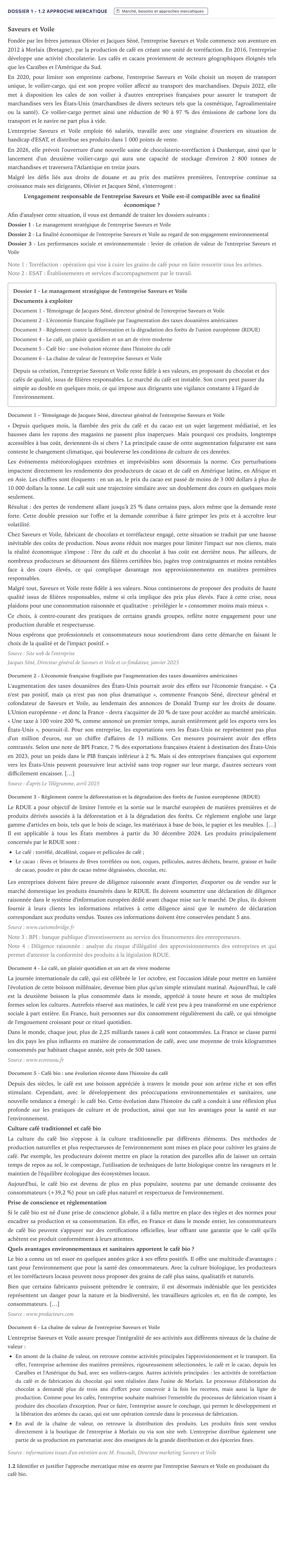 Énoncé: Exercice Dossier 1 - 1.2 Approche mercatique · Bac STMG Management des Sciences de Gestion et du Numérique Métropole 2026