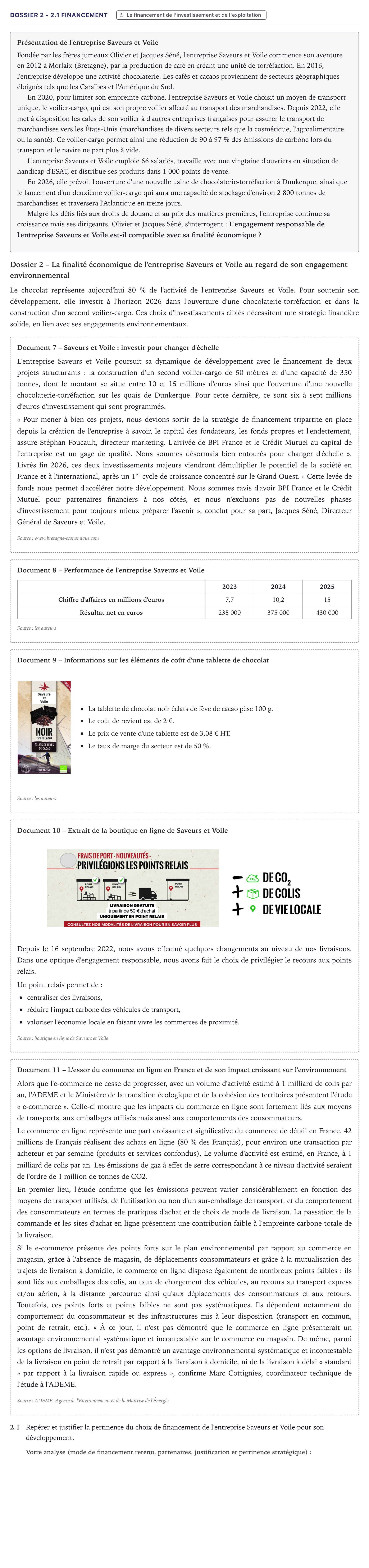 Énoncé: Exercice Dossier 2 - 2.1 Financement · Bac STMG Management des Sciences de Gestion et du Numérique Métropole 2026