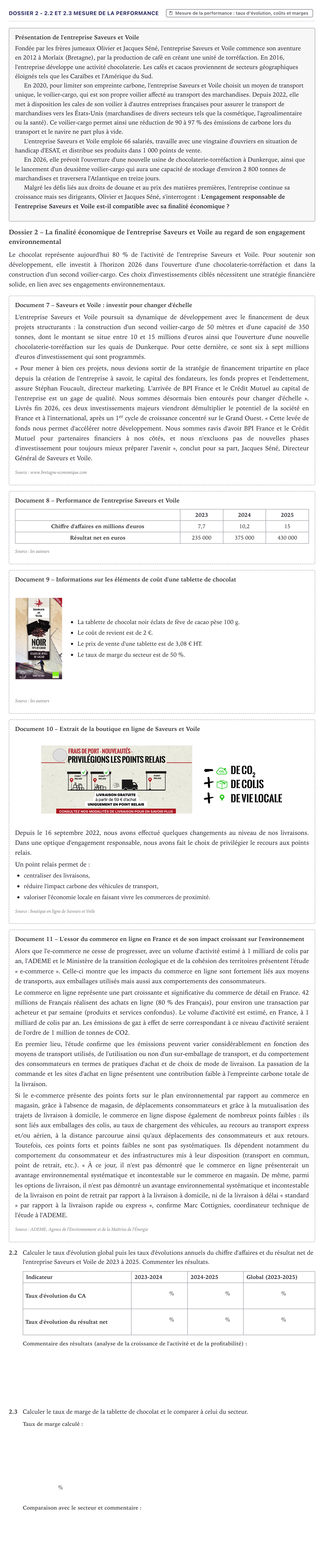 Énoncé: Exercice Dossier 2 - 2.2 et 2.3 Mesure de la performance · Bac STMG Management des Sciences de Gestion et du Numérique Métropole 2026