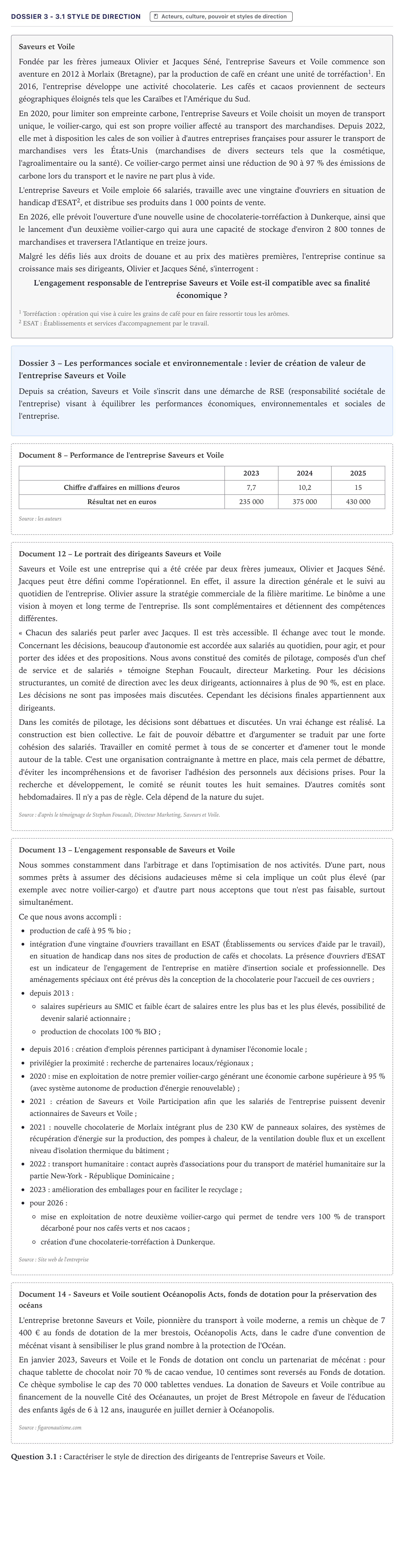 Énoncé: Exercice Dossier 3 - 3.1 Style de direction · Bac STMG Management des Sciences de Gestion et du Numérique Métropole 2026