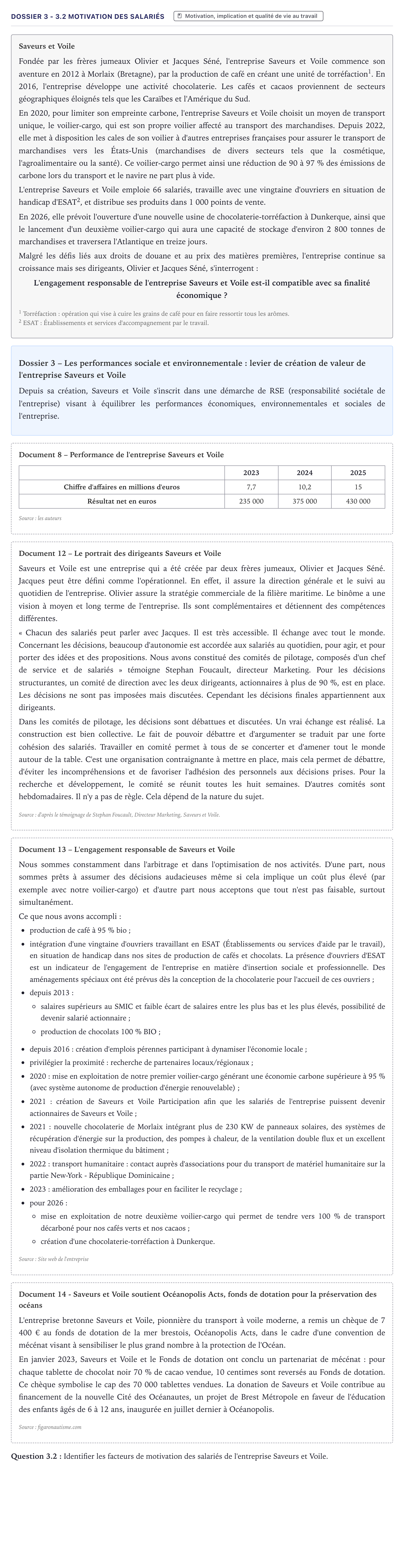 Énoncé: Exercice Dossier 3 - 3.2 Motivation des salariés · Bac STMG Management des Sciences de Gestion et du Numérique Métropole 2026