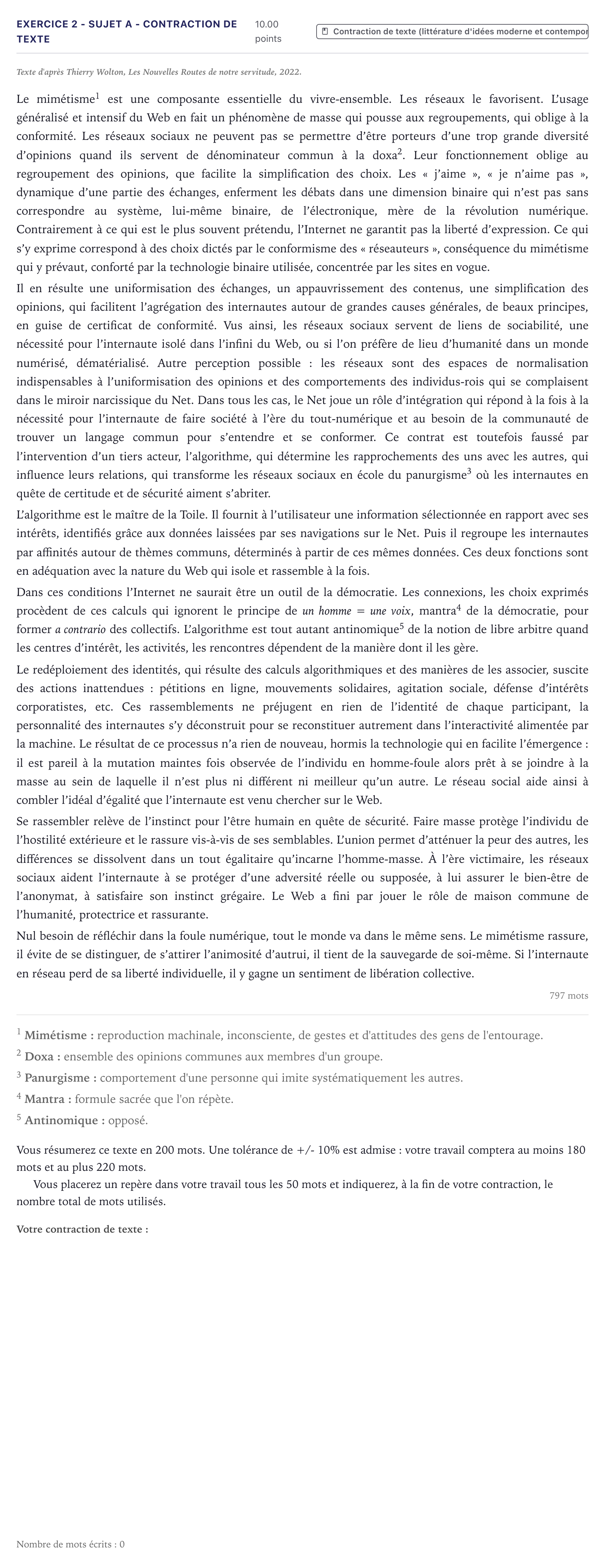 Énoncé: Exercice 2 - Sujet A - Contraction de texte · Bac STMG Français Métropole 2026