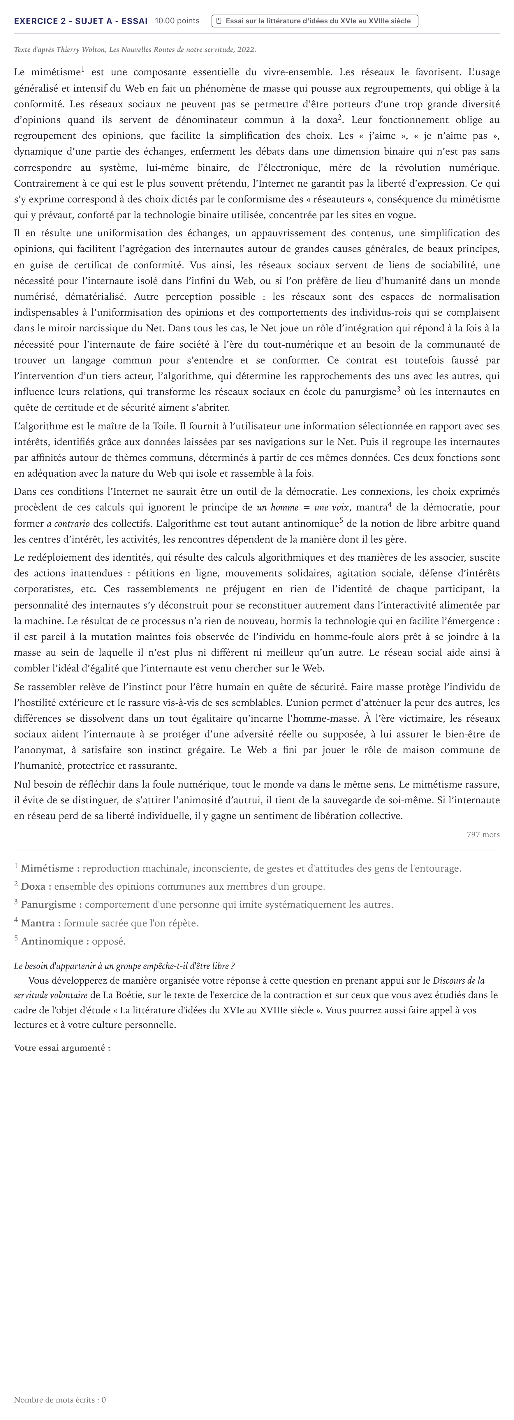 Énoncé: Exercice 2 - Sujet A - Essai · Bac STMG Français Métropole 2026