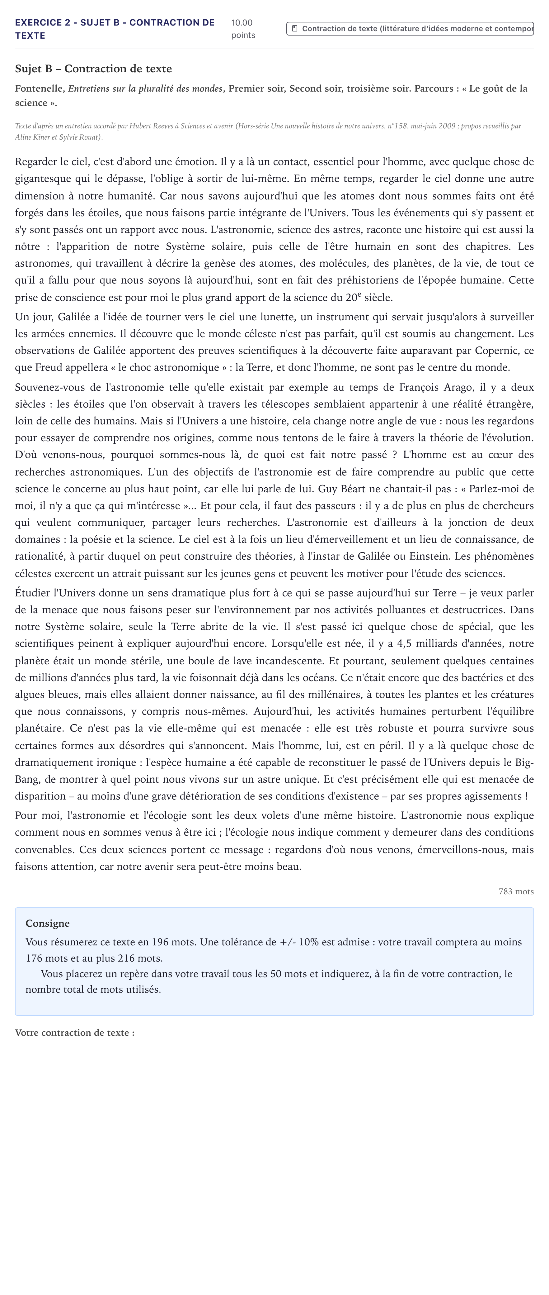 Énoncé: Exercice 2 - Sujet B - Contraction de texte · Bac STMG Français Métropole 2026