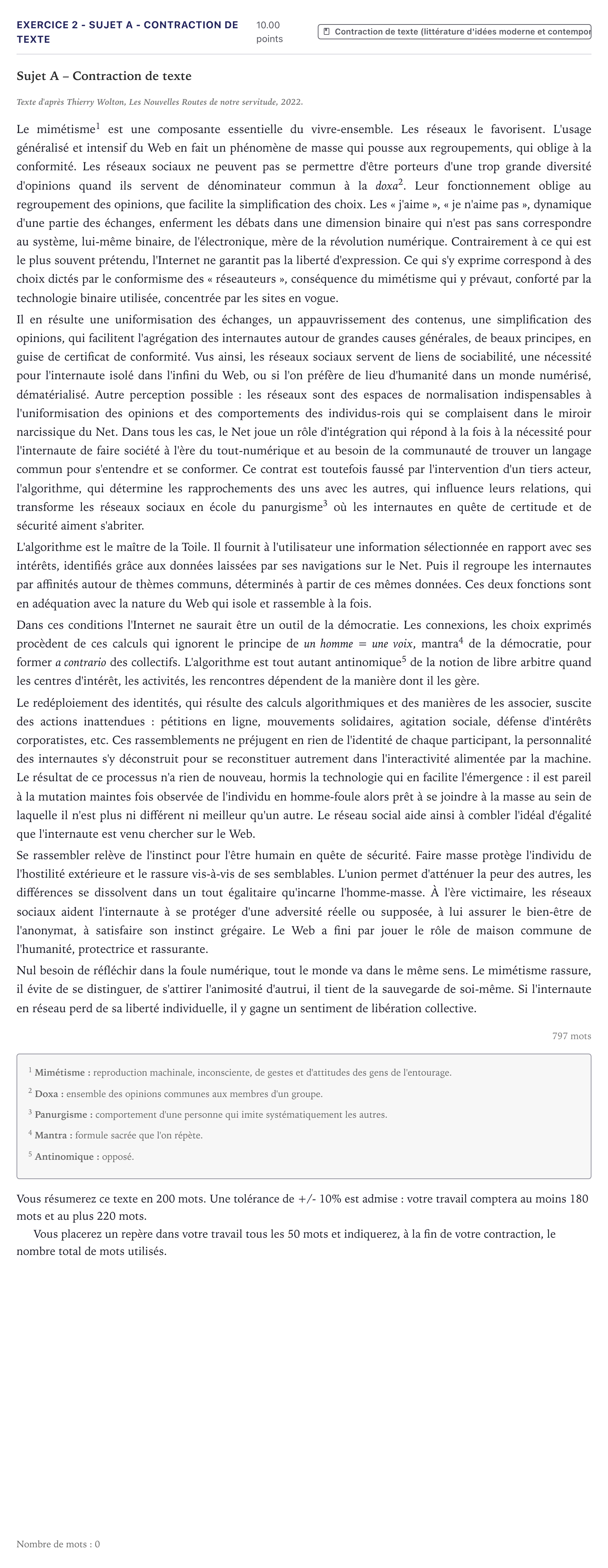 Énoncé: Exercice 2 - Sujet A - Contraction de texte · Bac STI2D Français Métropole 2026