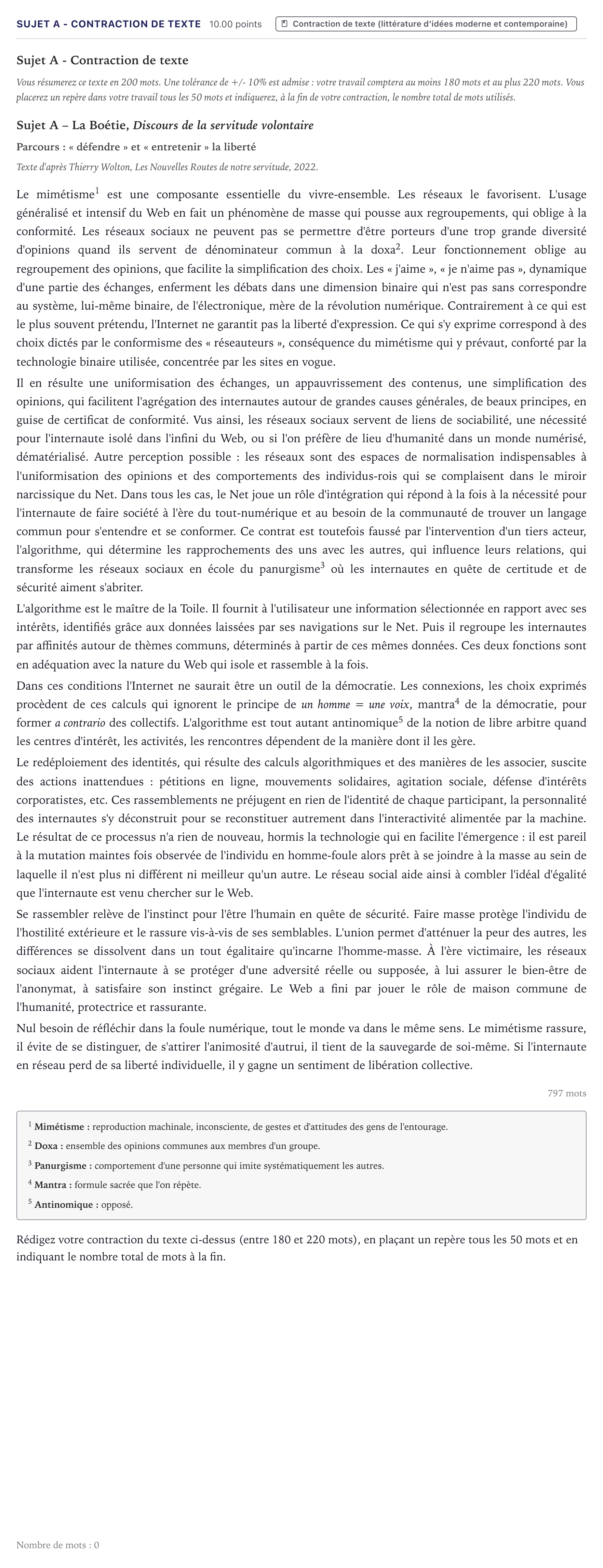 Énoncé: Sujet A - Contraction de texte · Bac ST2S Français Métropole 2026