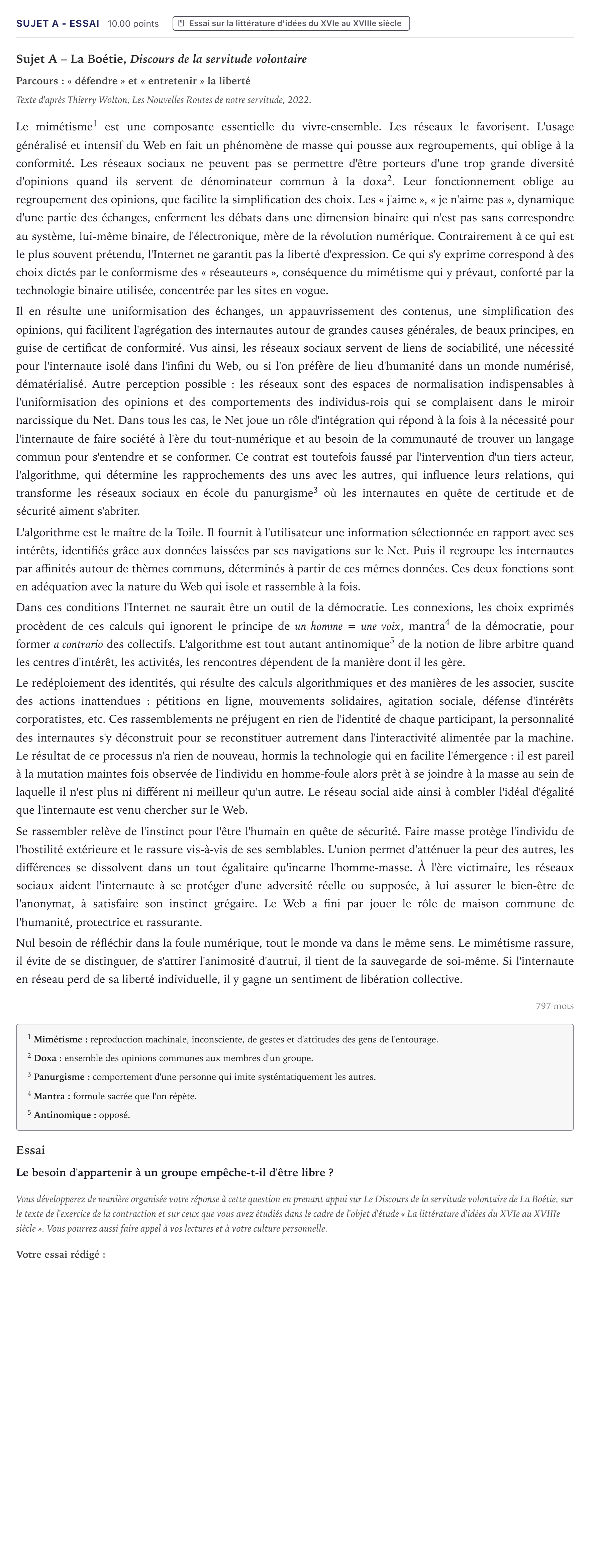 Énoncé: Sujet A - Essai · Bac ST2S Français Métropole 2026