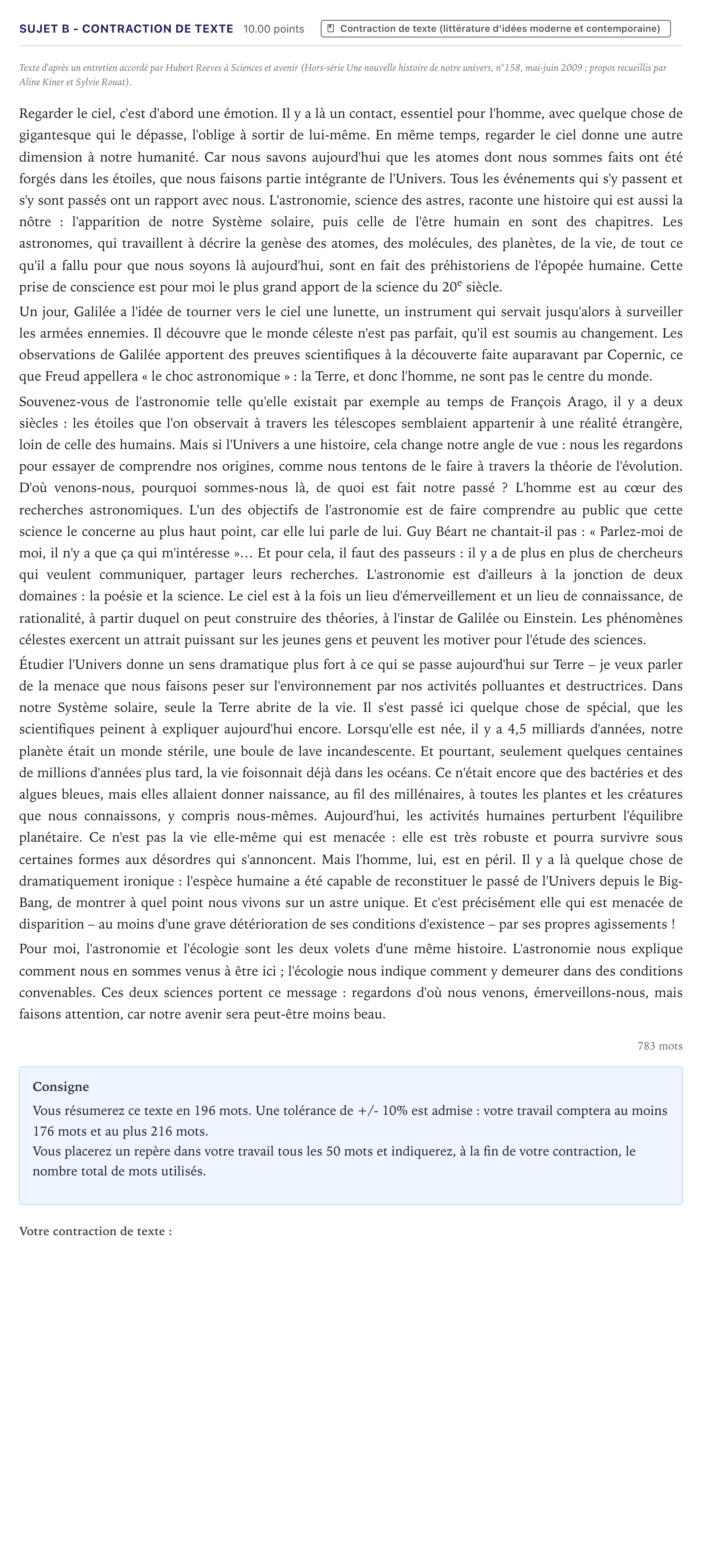 Énoncé: Sujet B - Contraction de texte · Bac ST2S Français Métropole 2026