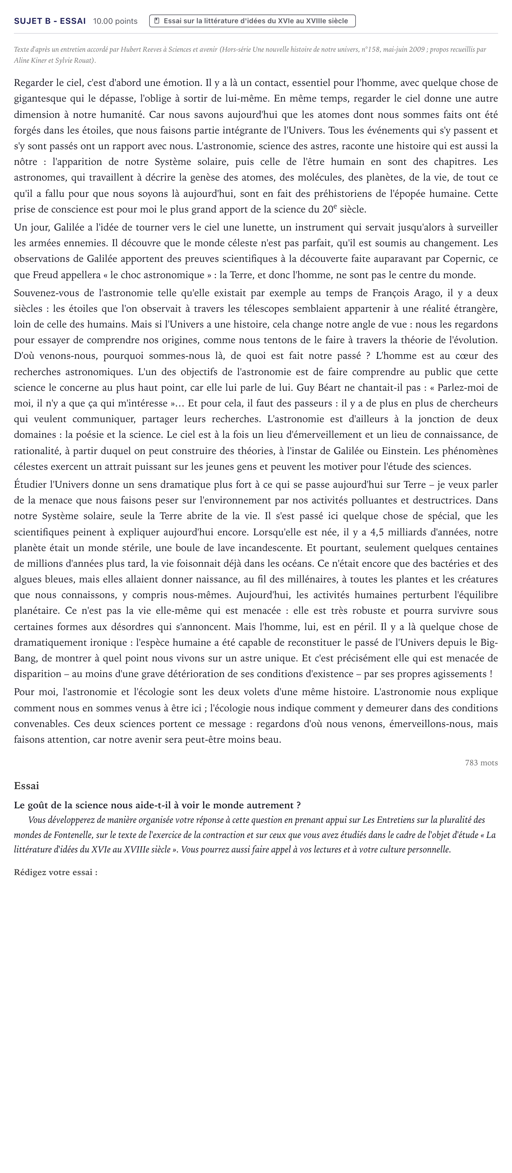 Énoncé: Sujet B - Essai · Bac ST2S Français Métropole 2026