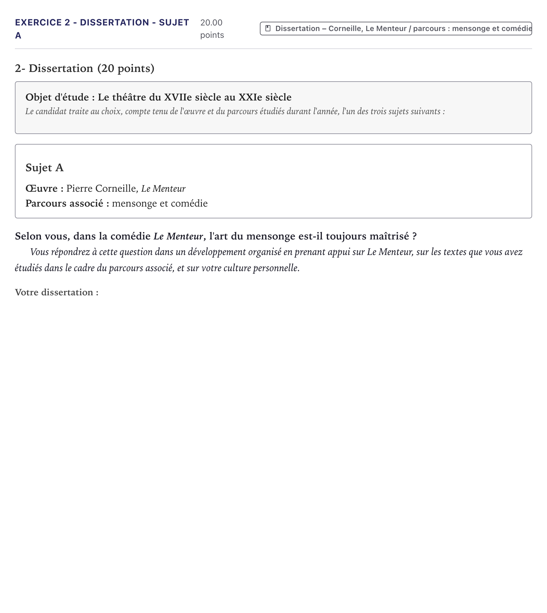 Énoncé: Exercice 2 - Dissertation - Sujet A · Bac Français (1ère) Métropole 2025