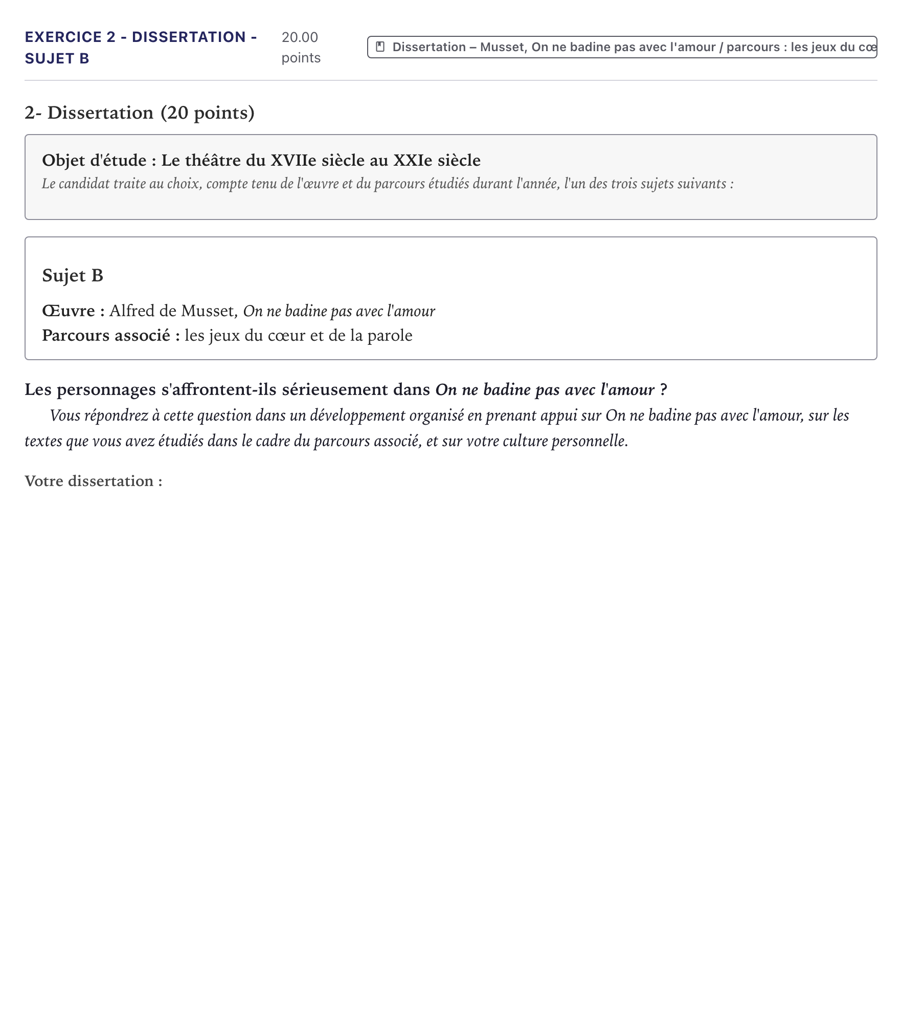 Énoncé: Exercice 2 - Dissertation - Sujet B · Bac Français (1ère) Métropole 2025