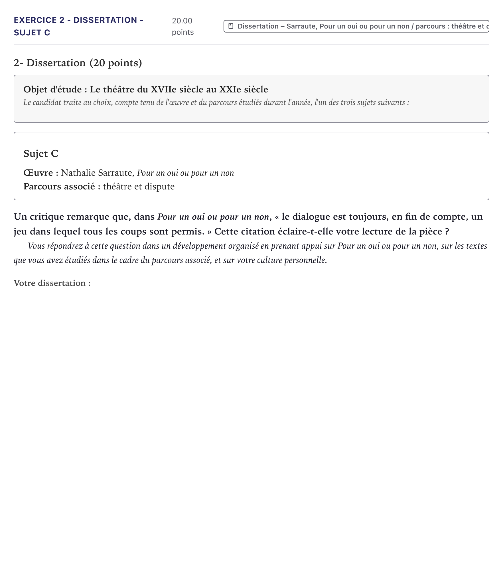 Énoncé: Exercice 2 - Dissertation - Sujet C · Bac Français (1ère) Métropole 2025