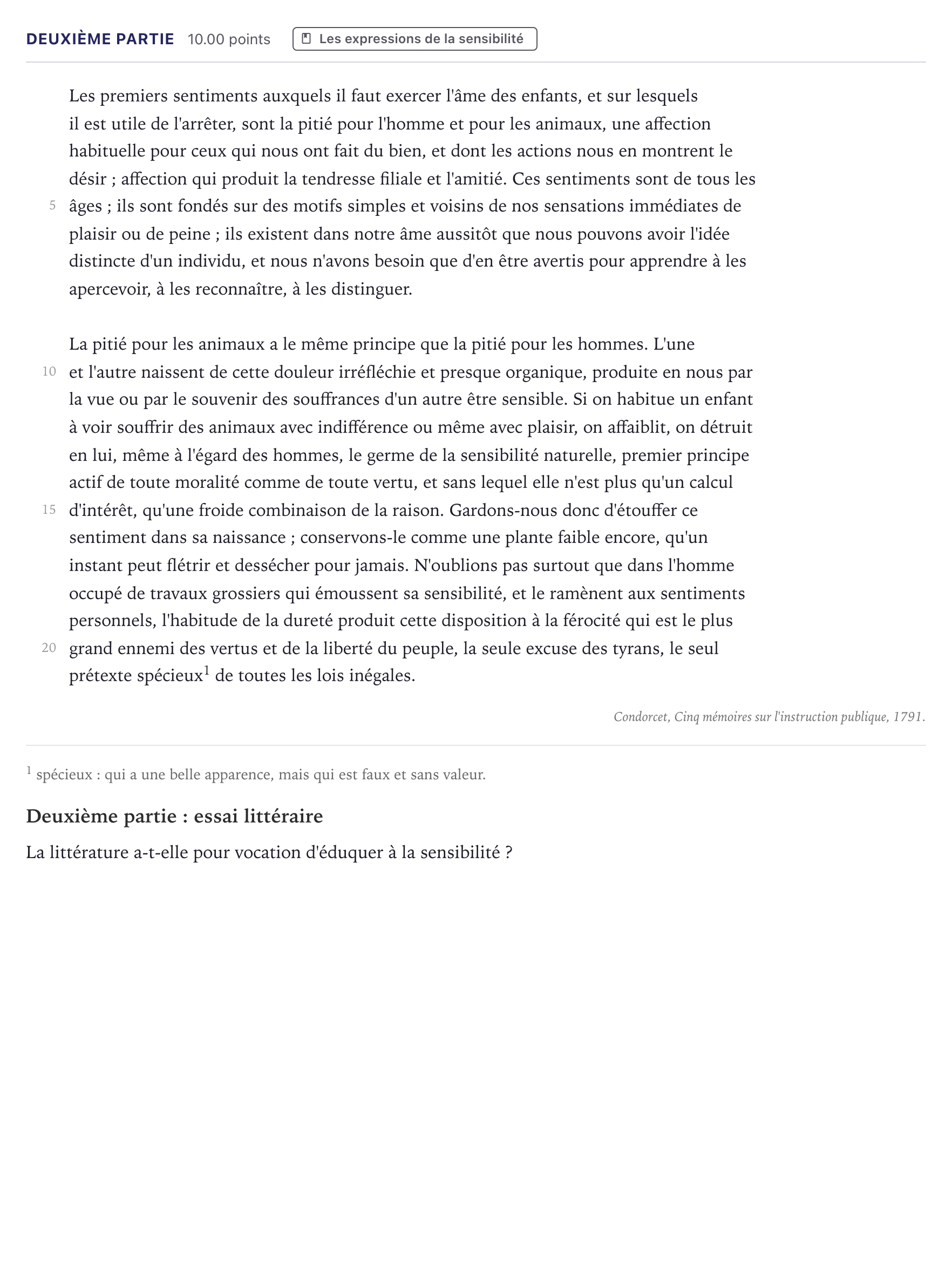 Énoncé: Exercice Deuxième partie · Bac Humanités, Littérature et Philosophie Métropole 2025 (sujet 1)