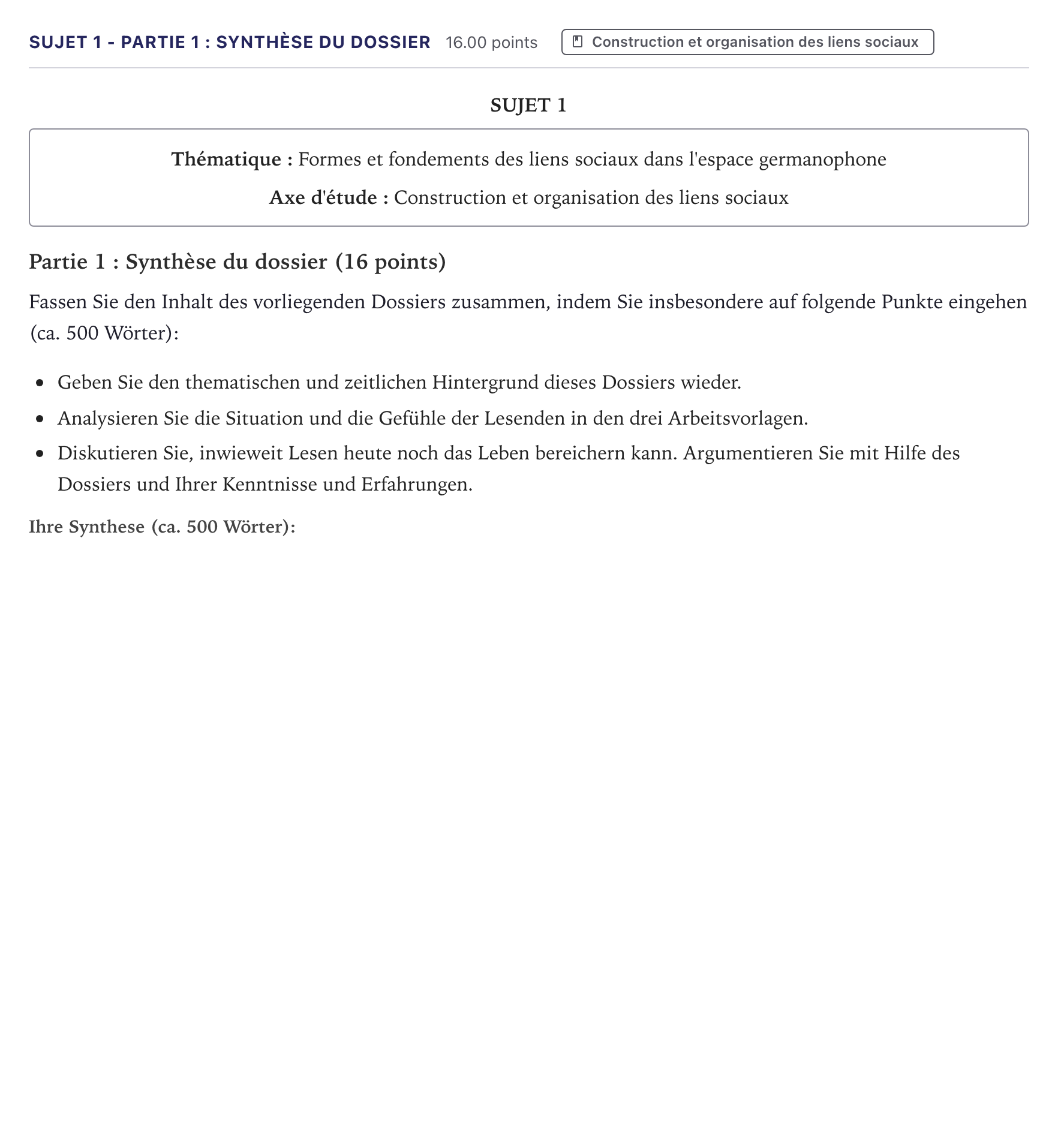 Énoncé: Sujet 1 - Partie 1 : Synthèse du dossier · Bac Allemand Métropole 2025
