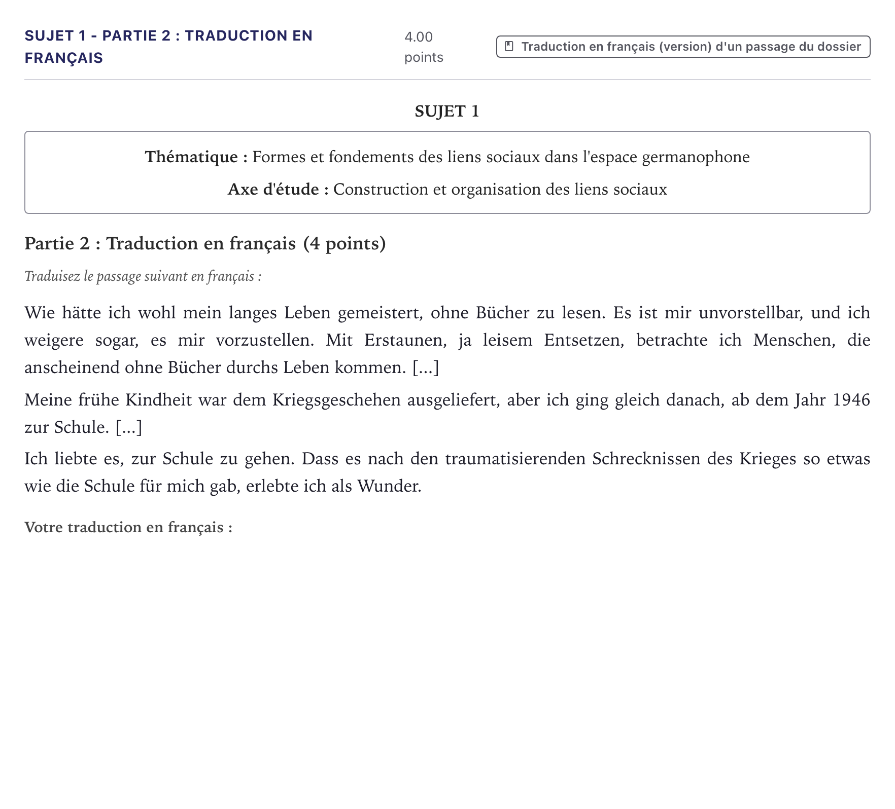 Énoncé: Sujet 1 - Partie 2 : Traduction en français · Bac Allemand Métropole 2025