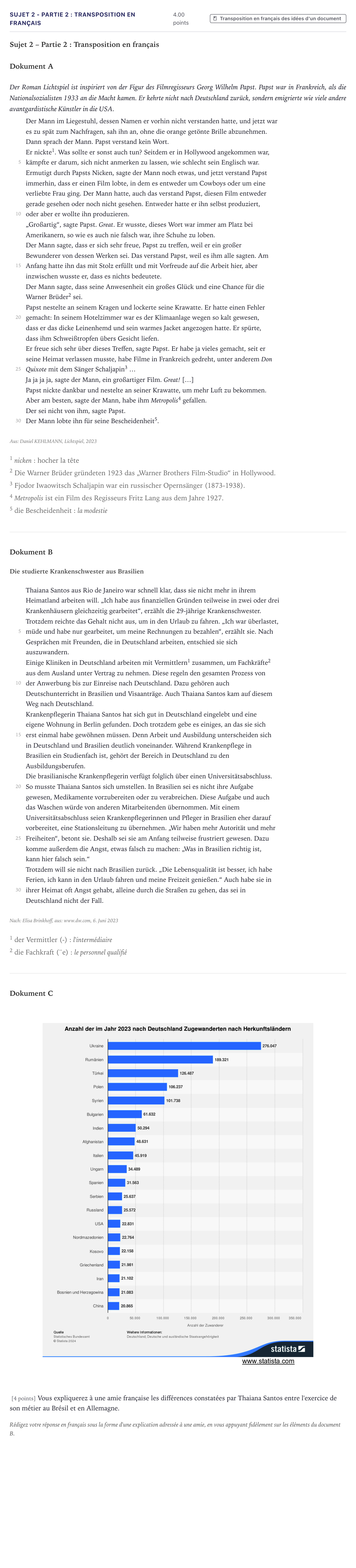 Énoncé: Sujet 2 - Partie 2 : Transposition en français · Bac Allemand Métropole 2025