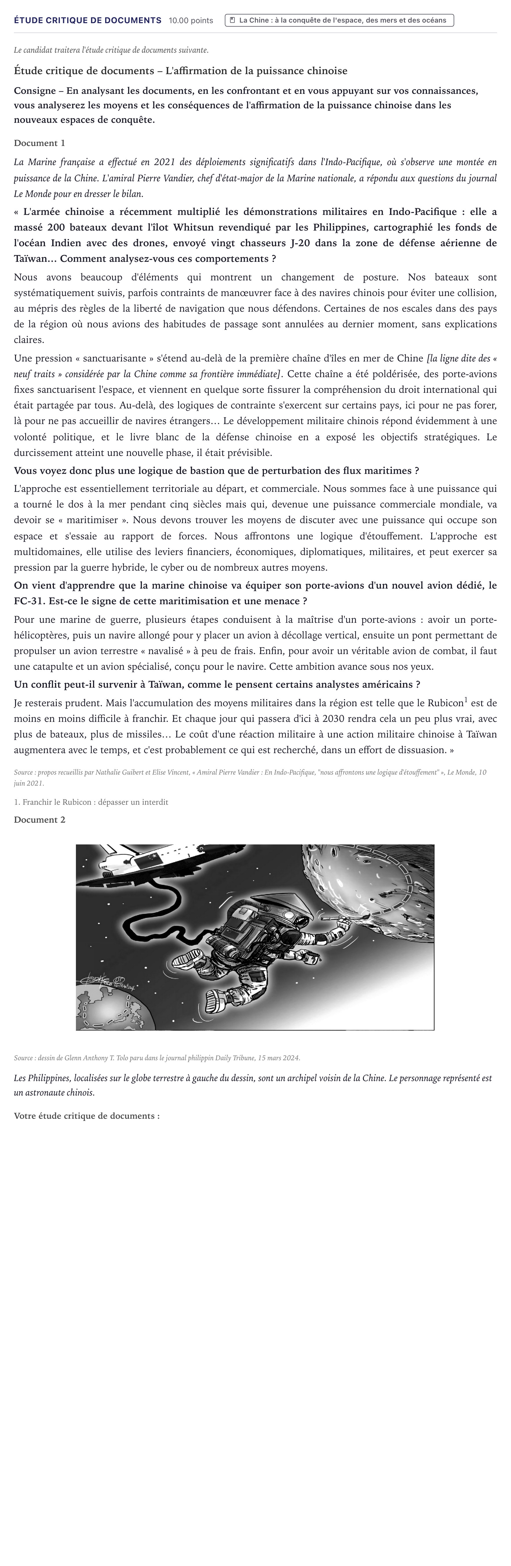 Énoncé: Exercice Étude critique de documents · Bac Histoire-Géographie, Géopolitique et Sciences Politiques Métropole 2025 (sujet 2)