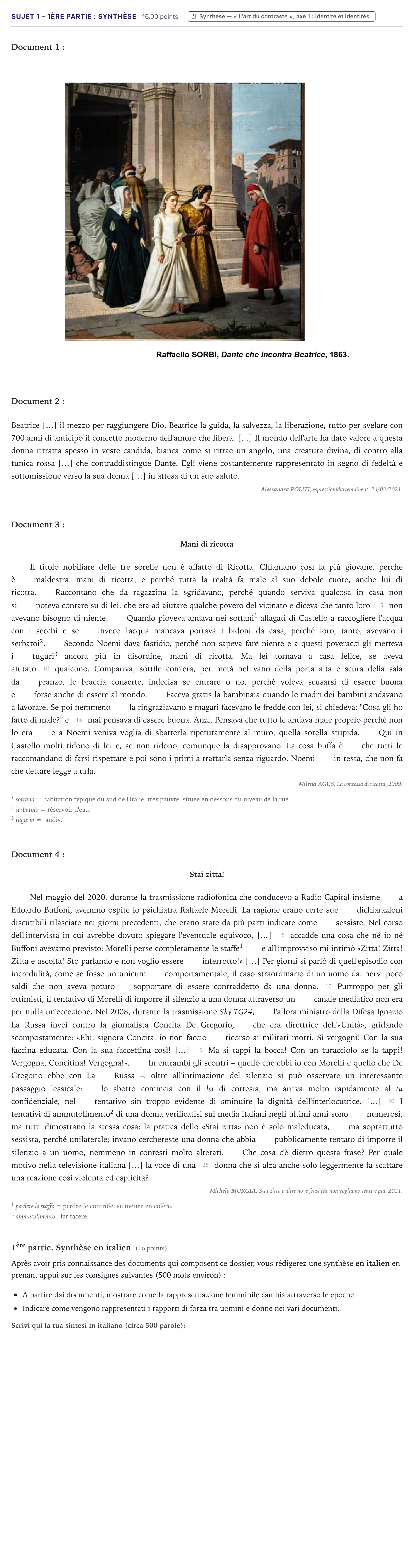 Énoncé: Sujet 1 - 1ère partie : Synthèse · Bac Italien Métropole 2025