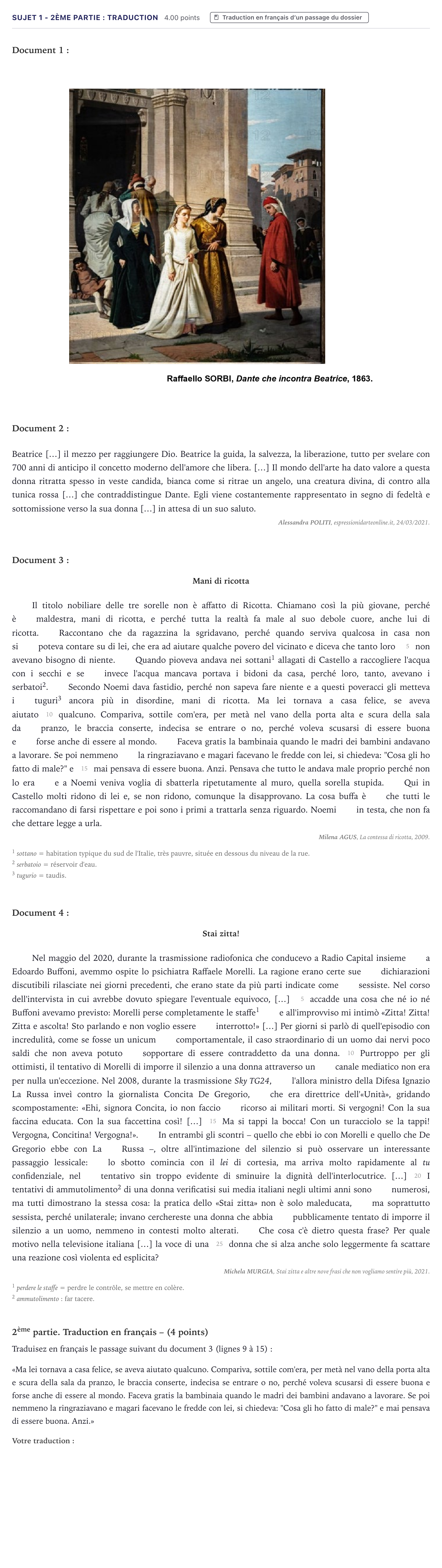 Énoncé: Sujet 1 - 2ème partie : Traduction · Bac Italien Métropole 2025
