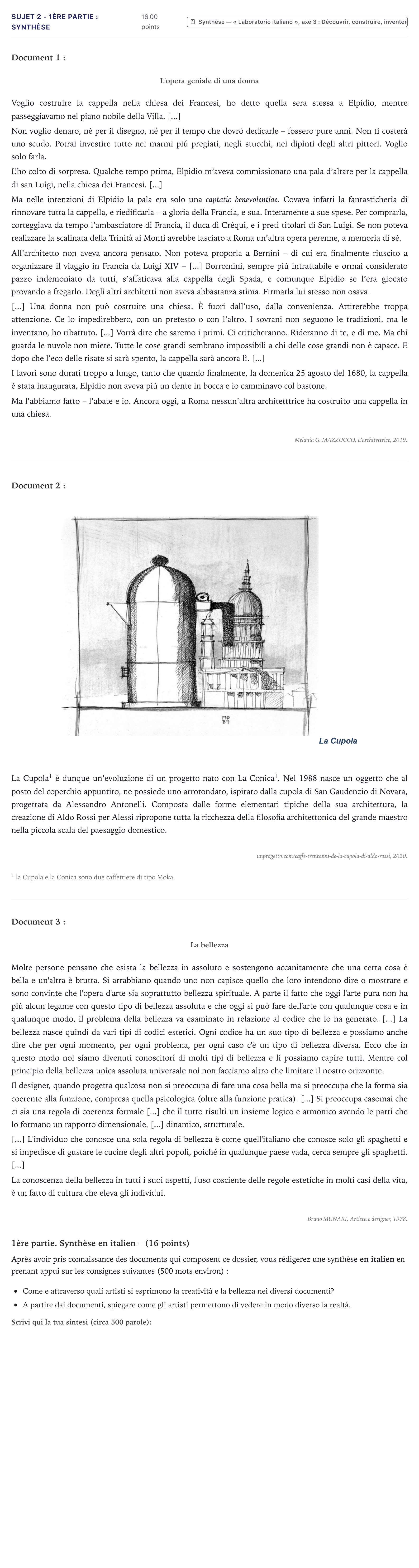 Énoncé: Sujet 2 - 1ère partie : Synthèse · Bac Italien Métropole 2025