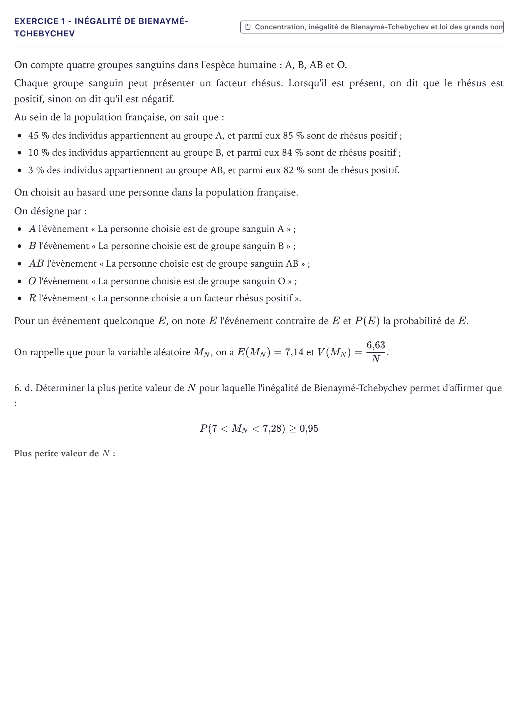 Énoncé: Exercice 1 - Inégalité de Bienaymé-Tchebychev · Bac Mathématiques Métropole 2025 (sujet 1)