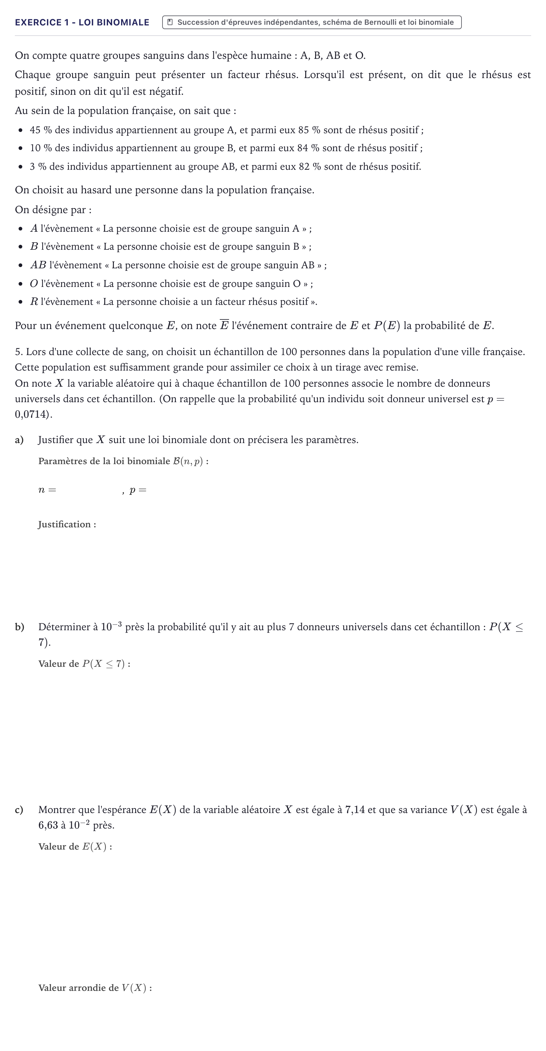 Énoncé: Exercice 1 - Loi binomiale · Bac Mathématiques Métropole 2025 (sujet 1)